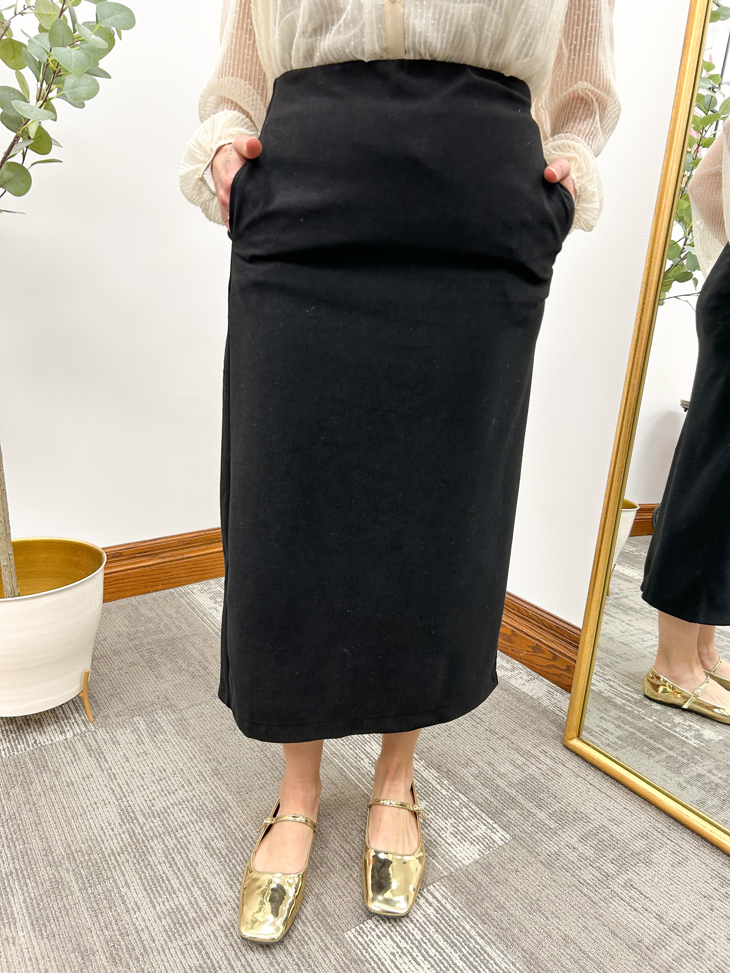 Black Ribbed Brushed Midi Skirt