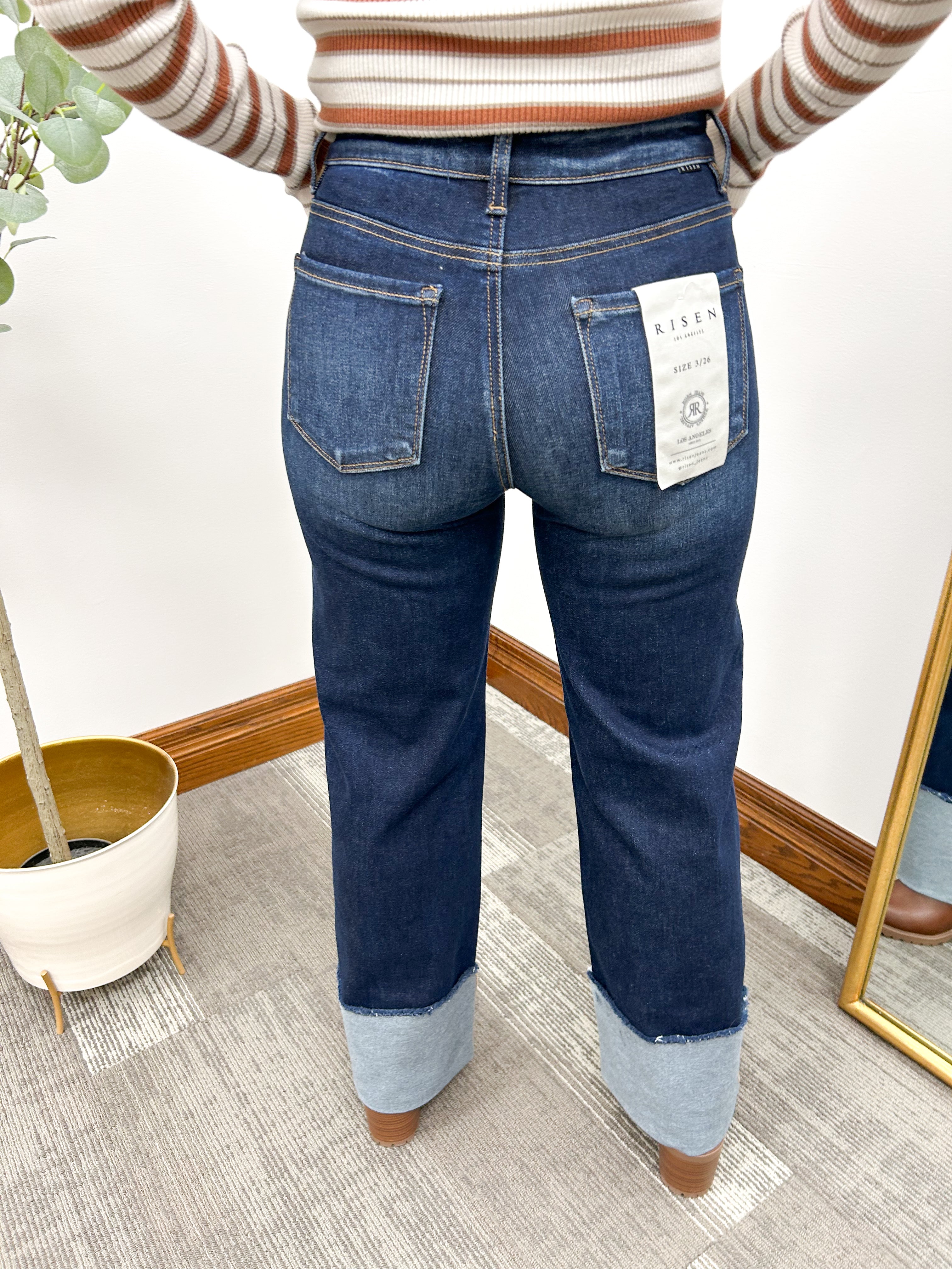 Dark Wash HR Wide Cuff Jeans