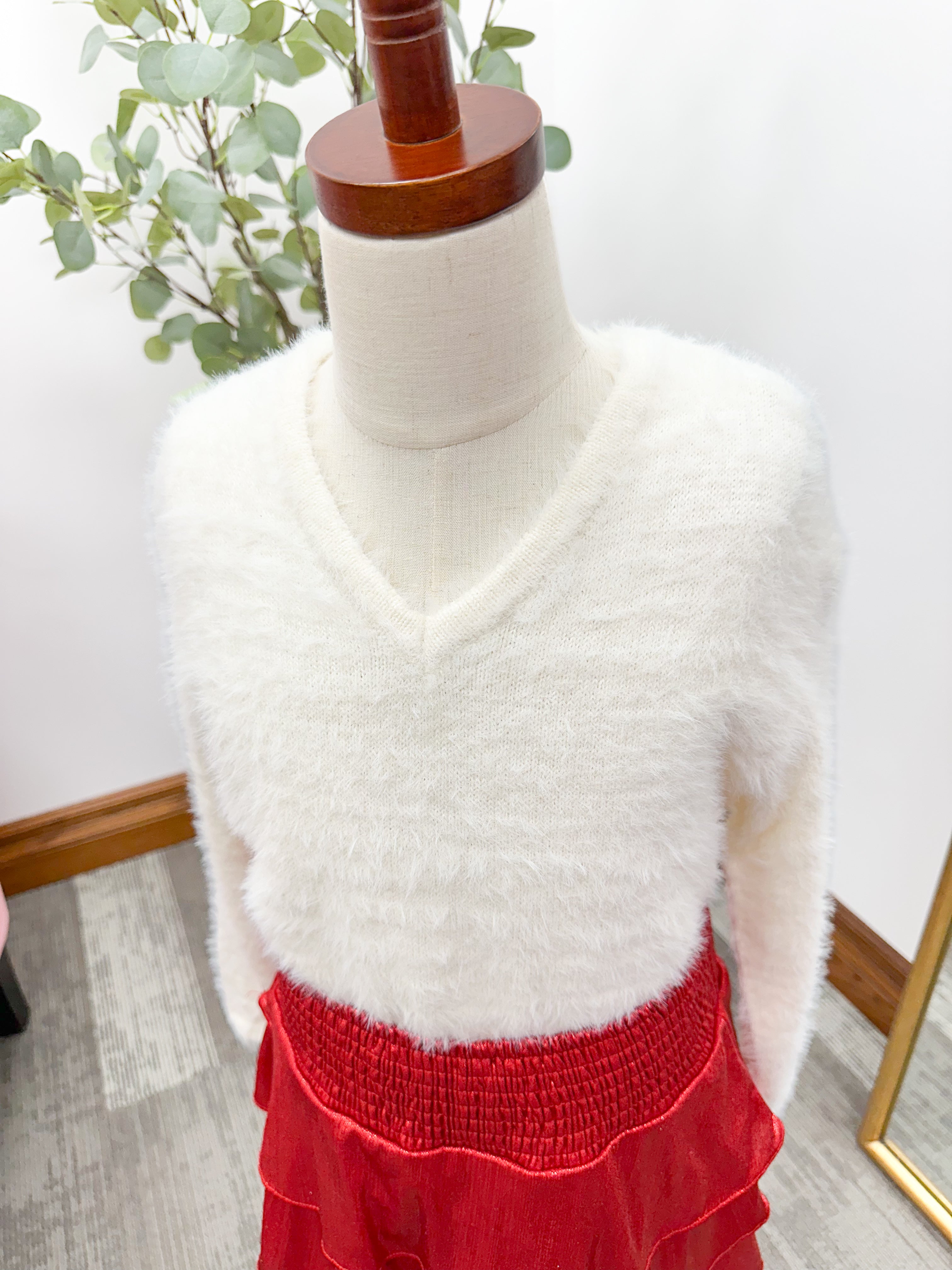 Girls Cream Fuzzy Holiday Sweater
