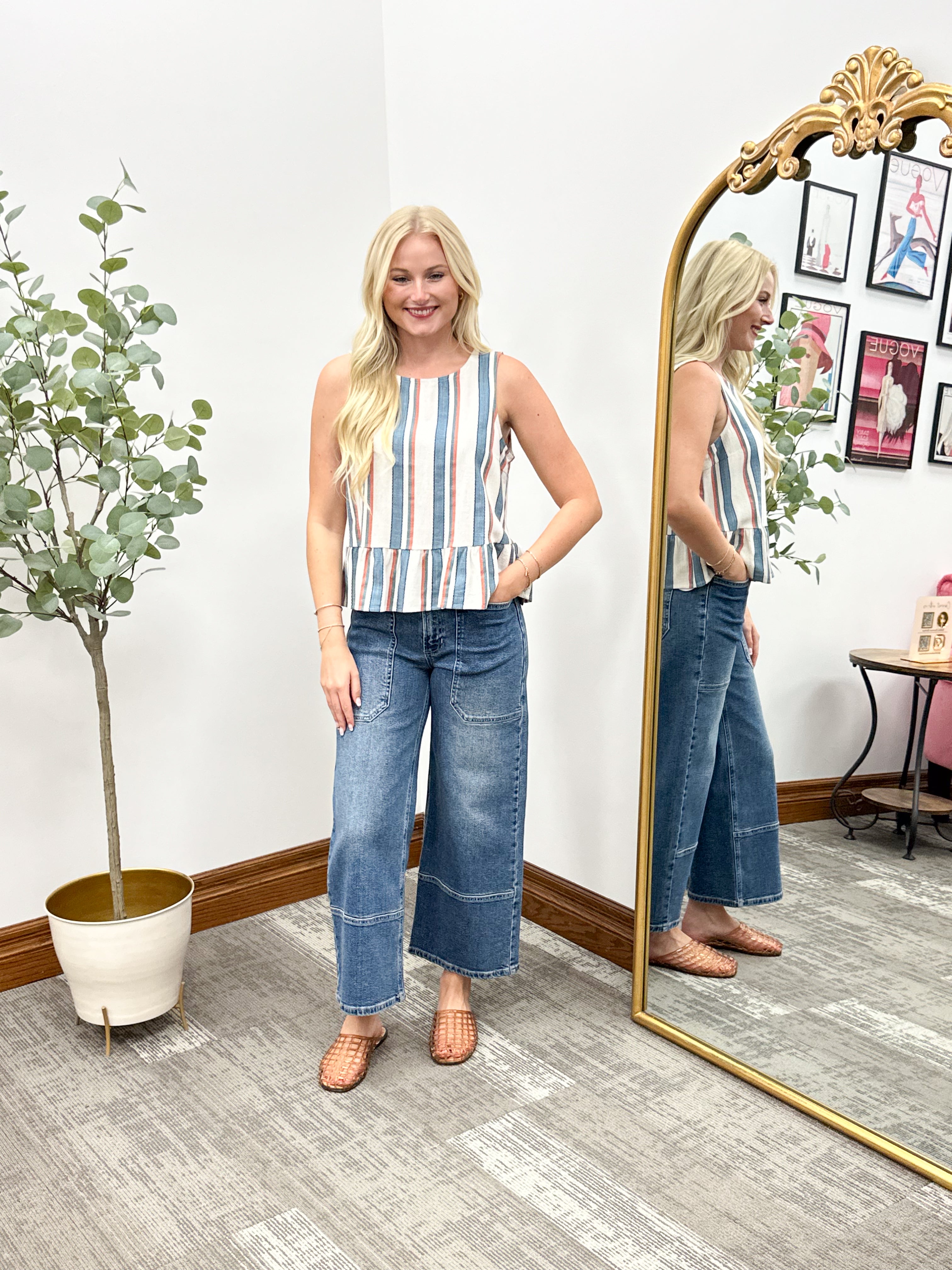 Striped Peplum Linen Tank Top