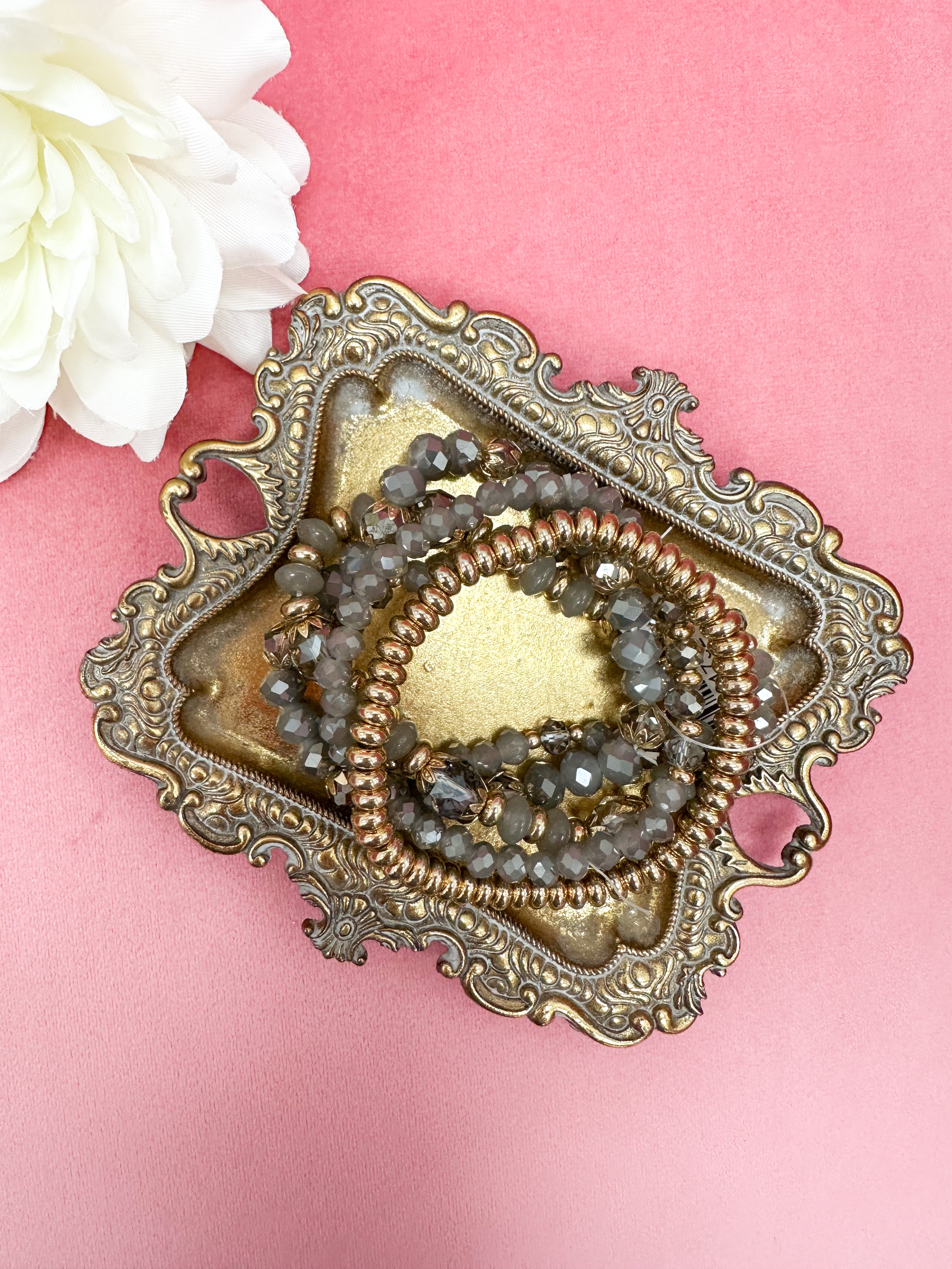 Gray & Gold Beaded Bracelet Set
