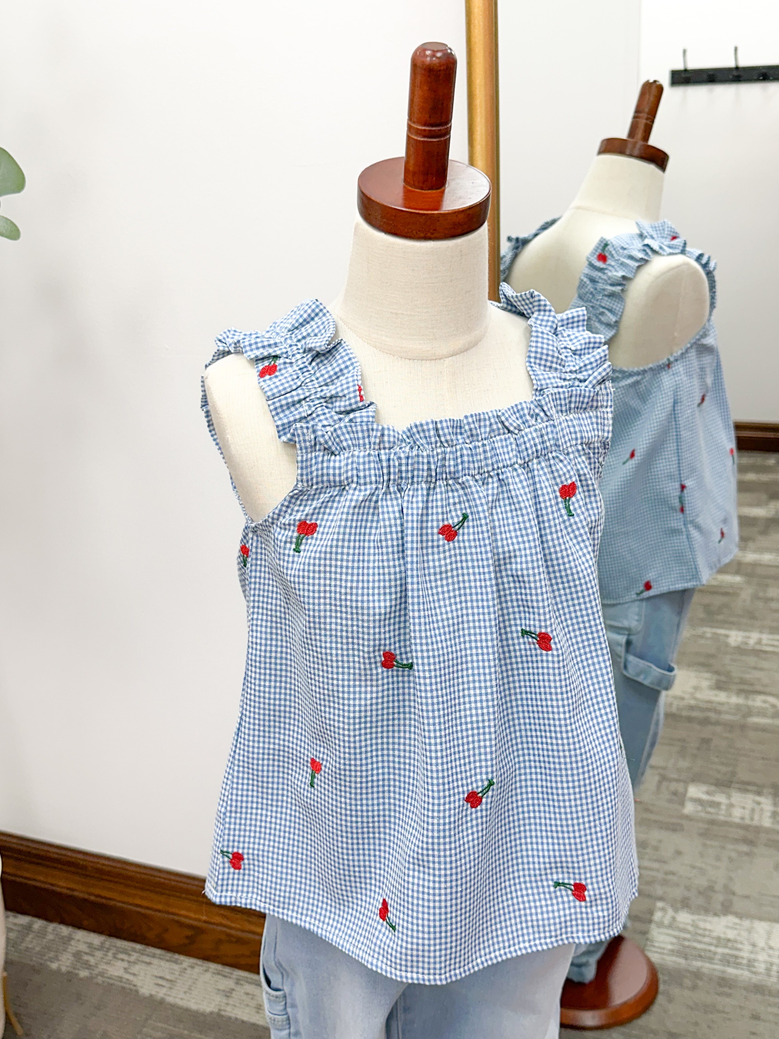 Girls Blue Gingham Cherry Tank Top