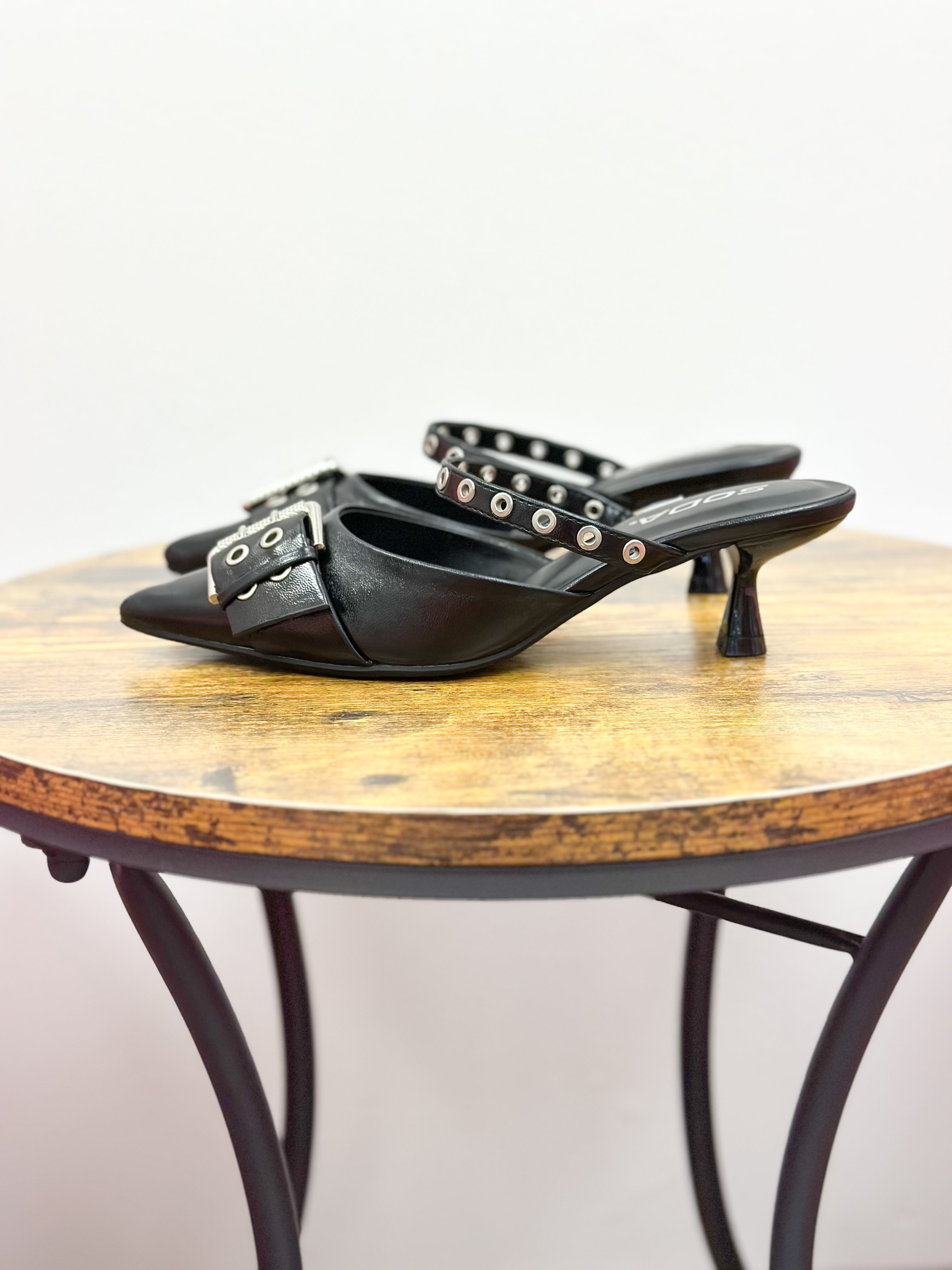 Black Pointed Toe Grommet Detail Kitten Heels