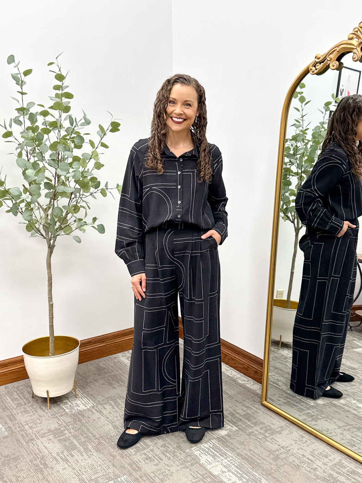 Black Line Stitch Button Up Blouse