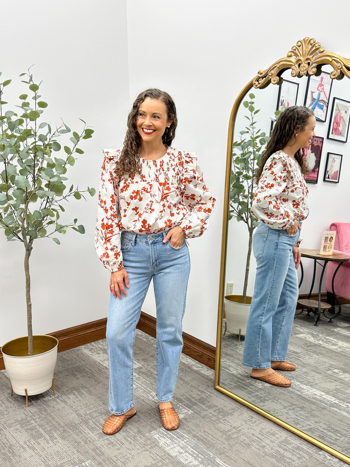 Ivory & Rust Floral Ruffle Blouse