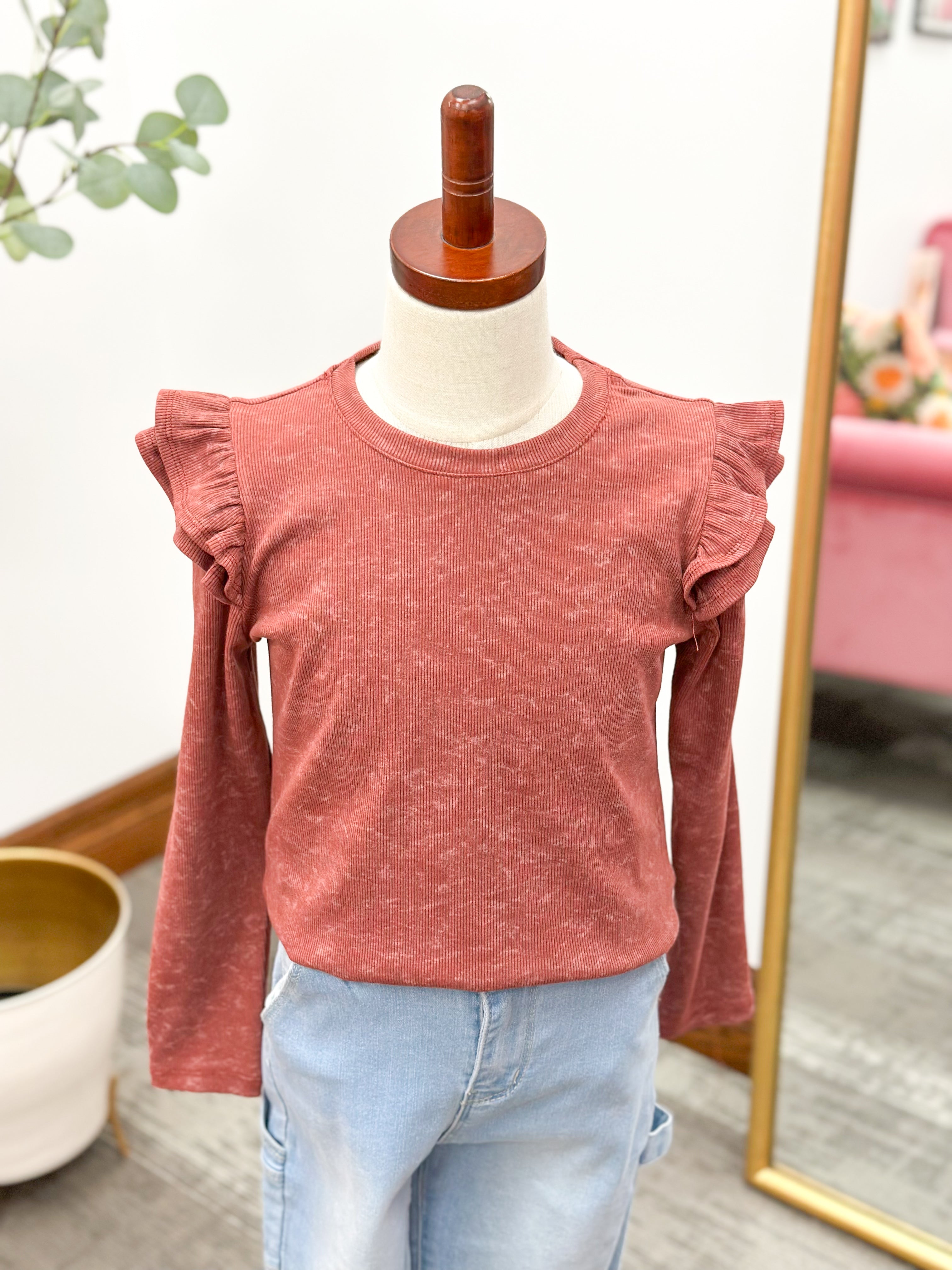 Girls Ruffle Ribbed Knit Top
