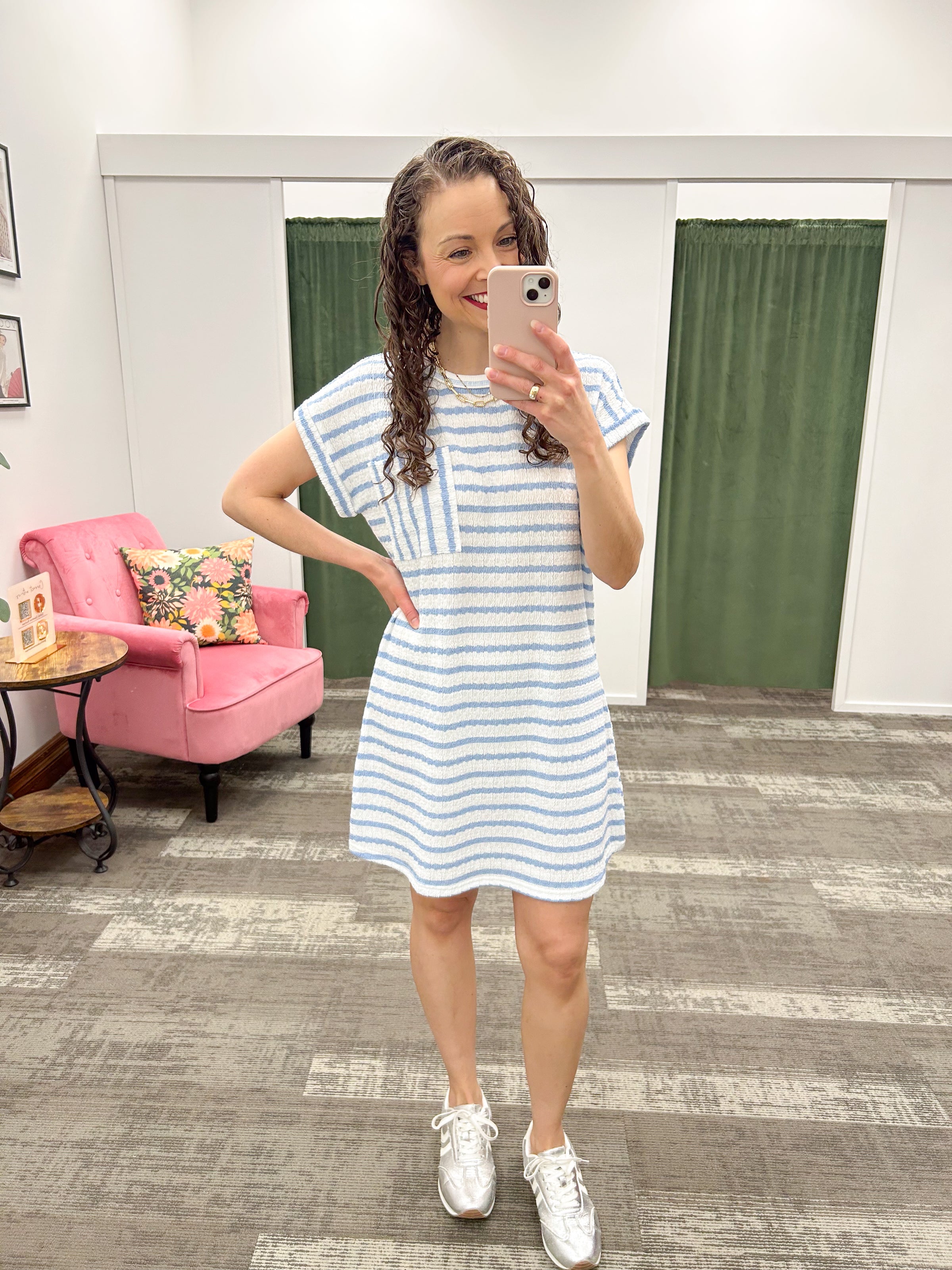 Textured Striped Short Sleeve T-Shirt Dress
