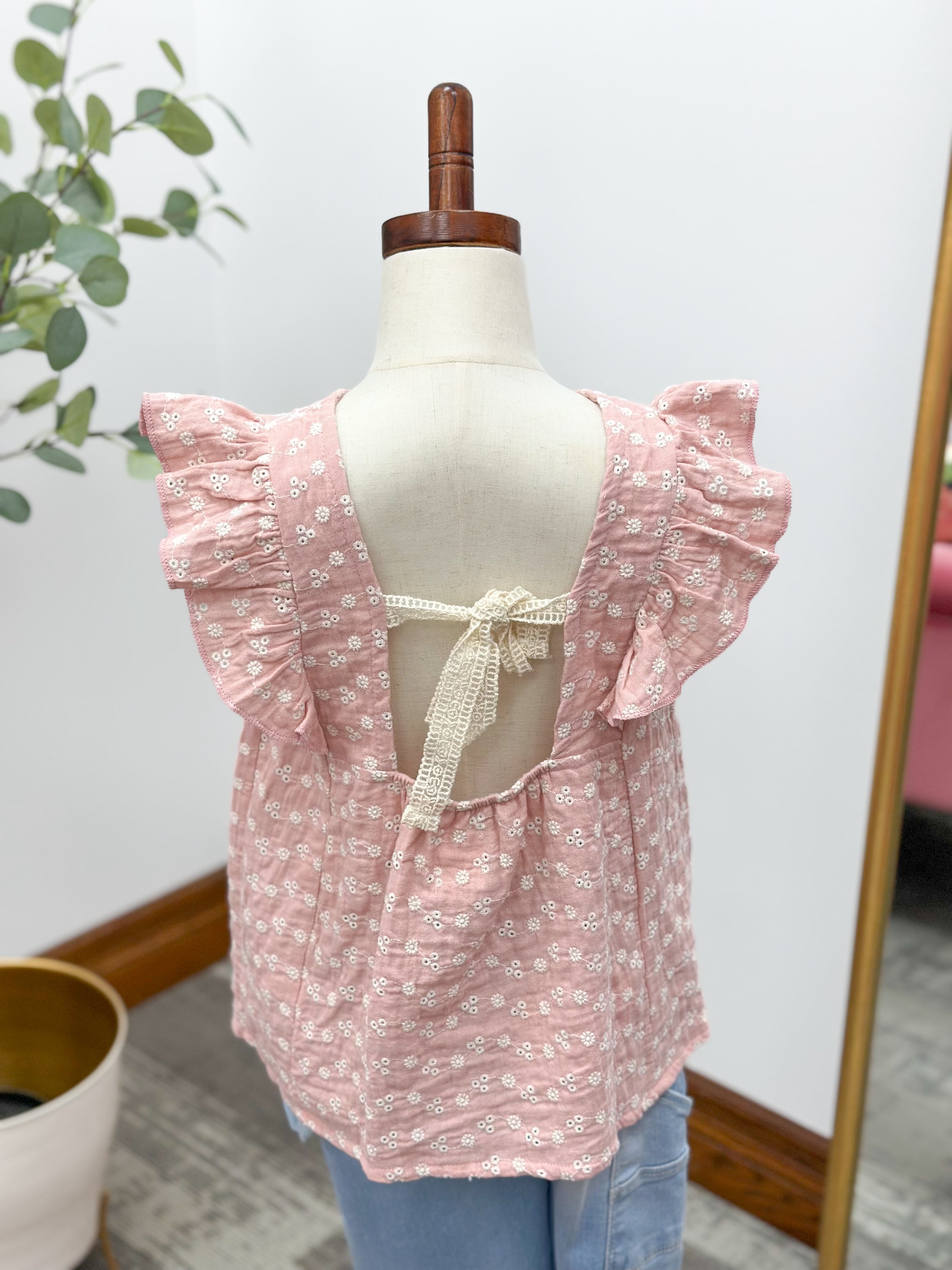 Girls Eyelet Ruffle Sleeve Top