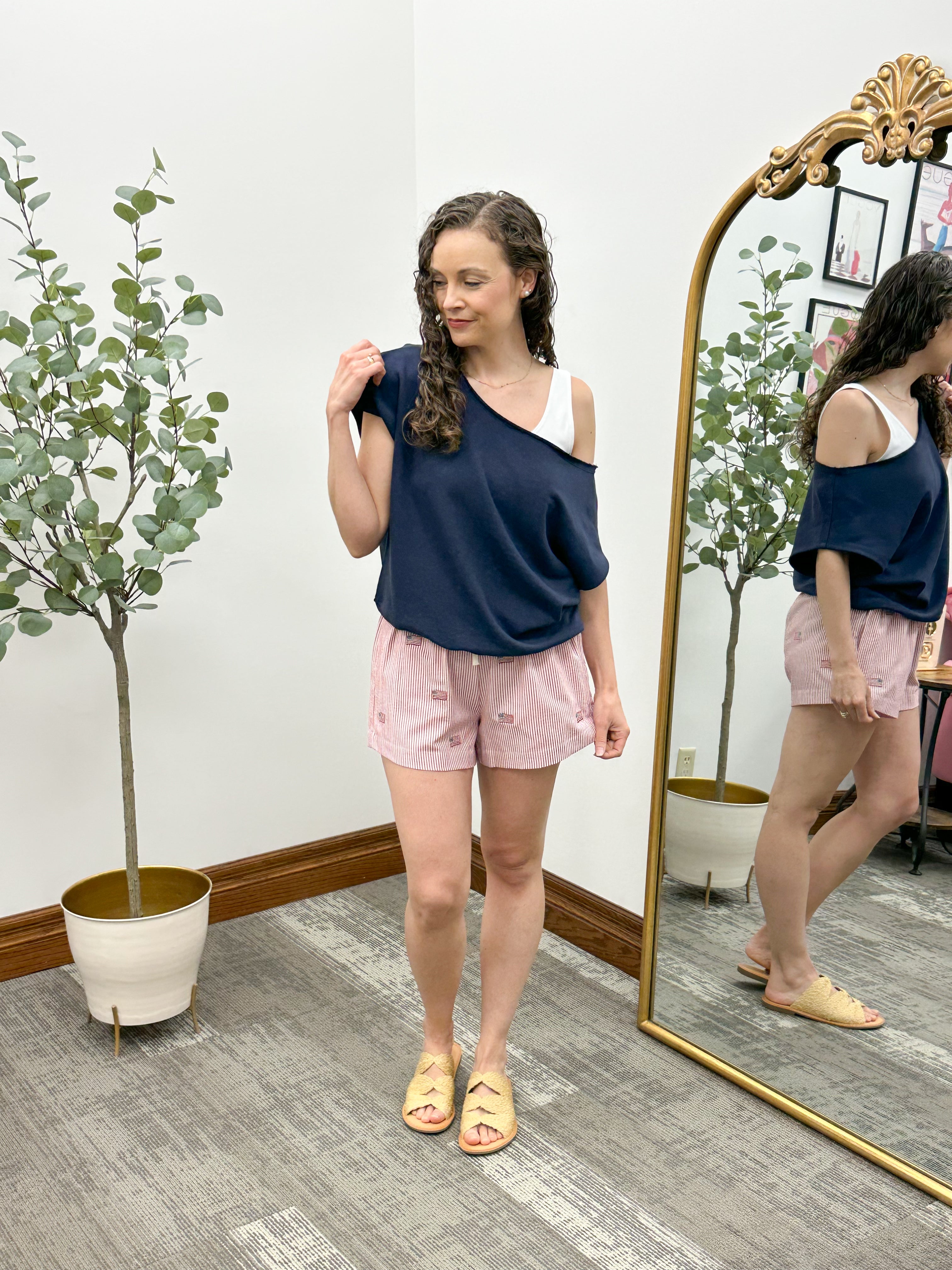 Navy French Terry Off The Shoulder Top