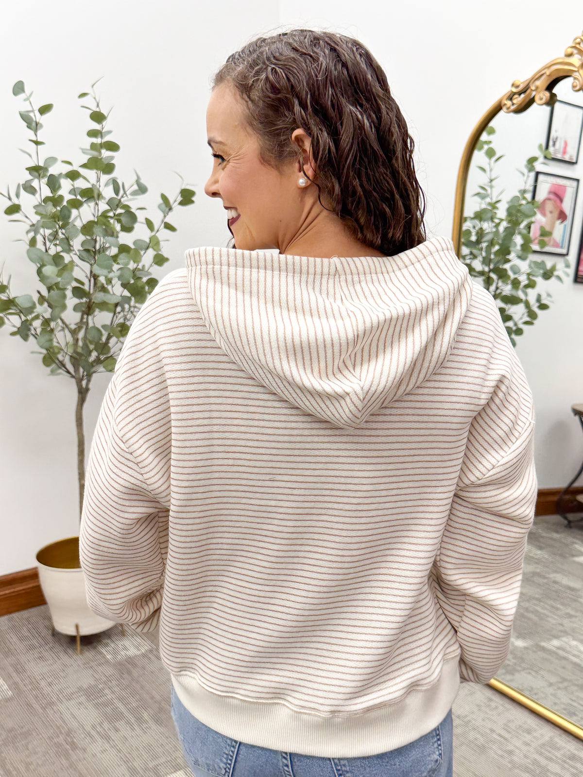 Cream & Taupe Striped Fleece Hoodie