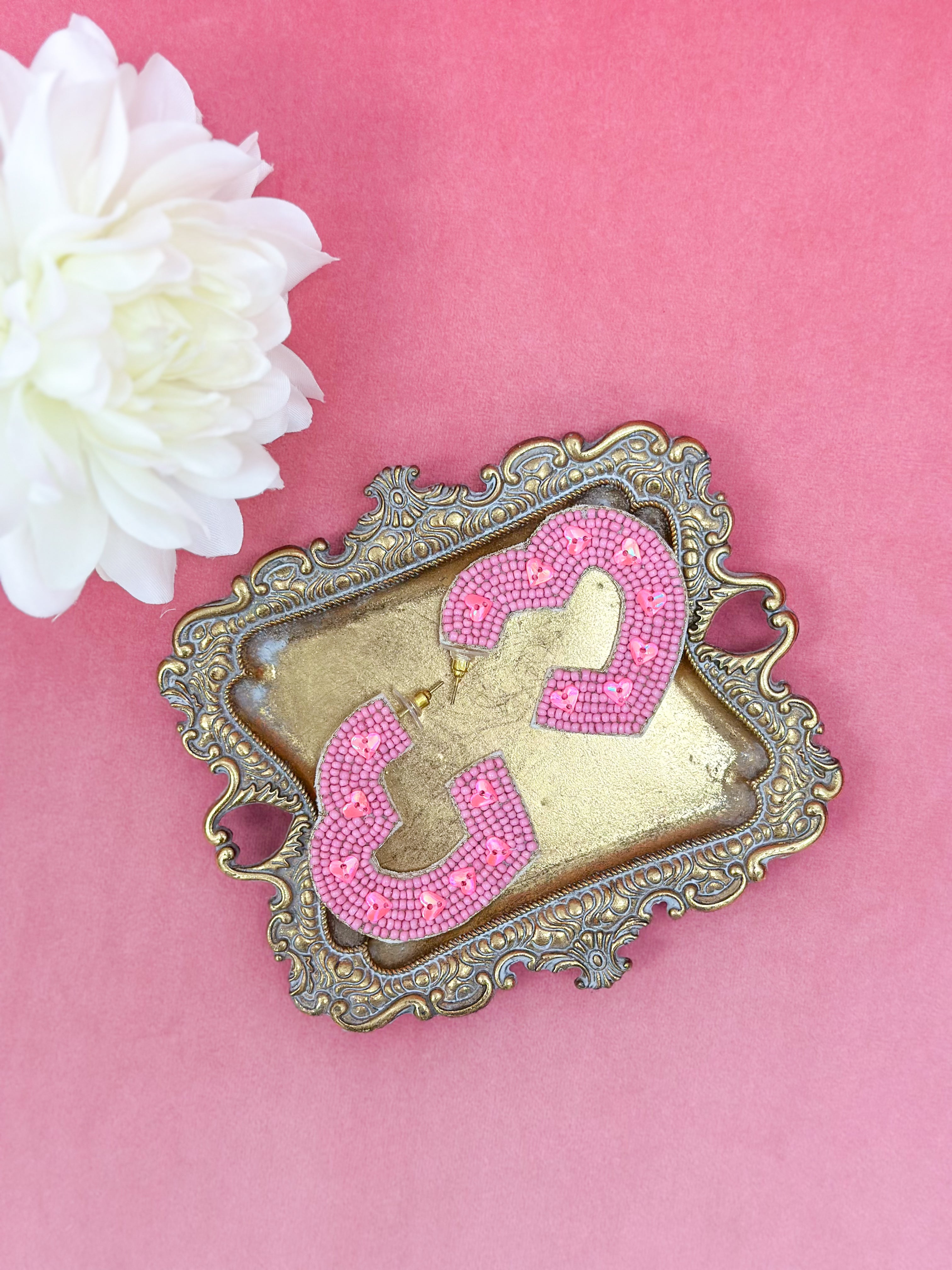 Pink Beaded Heart Earrings