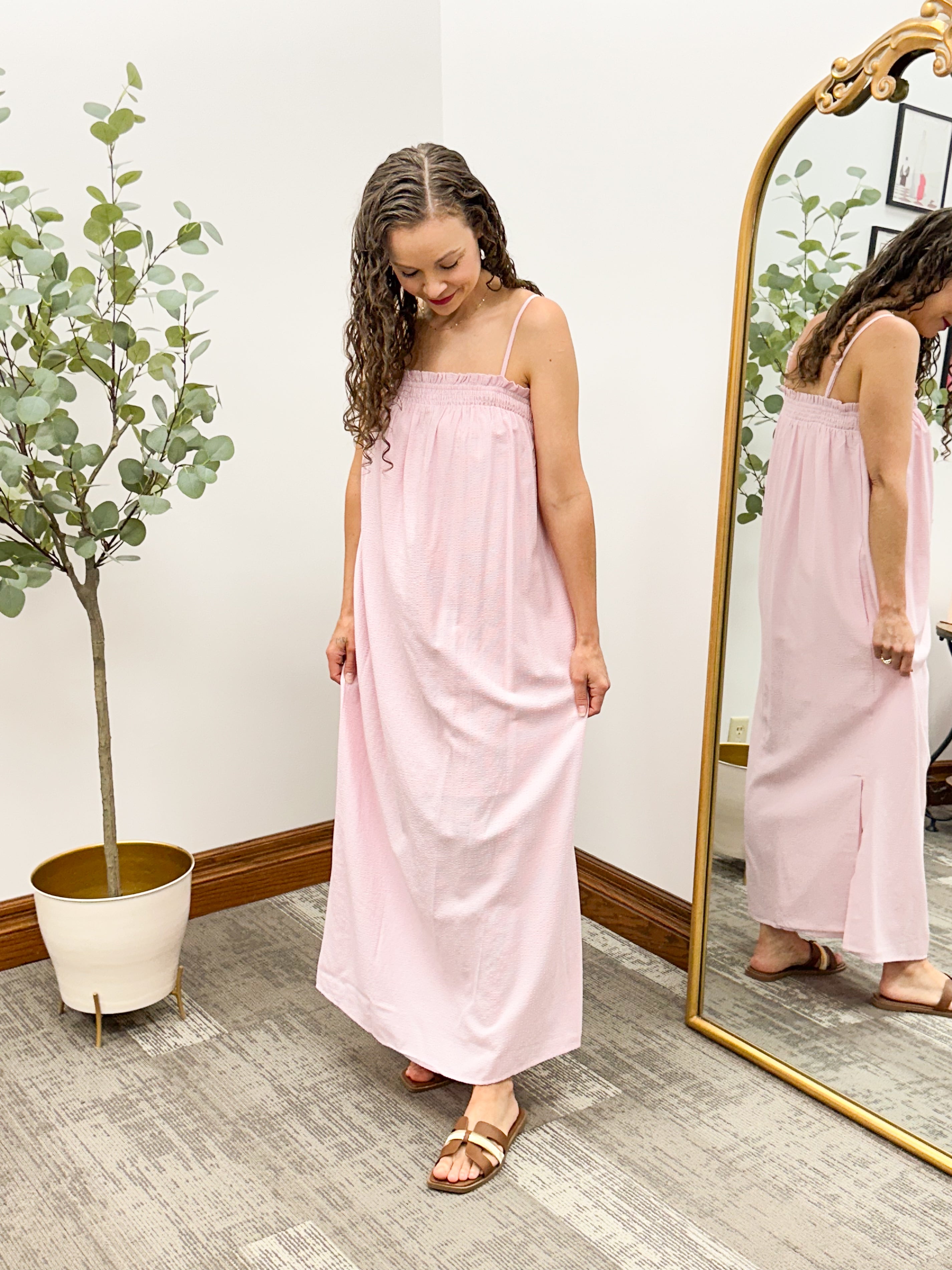 Smocked Pin Striped Midi Dress (2 colors)