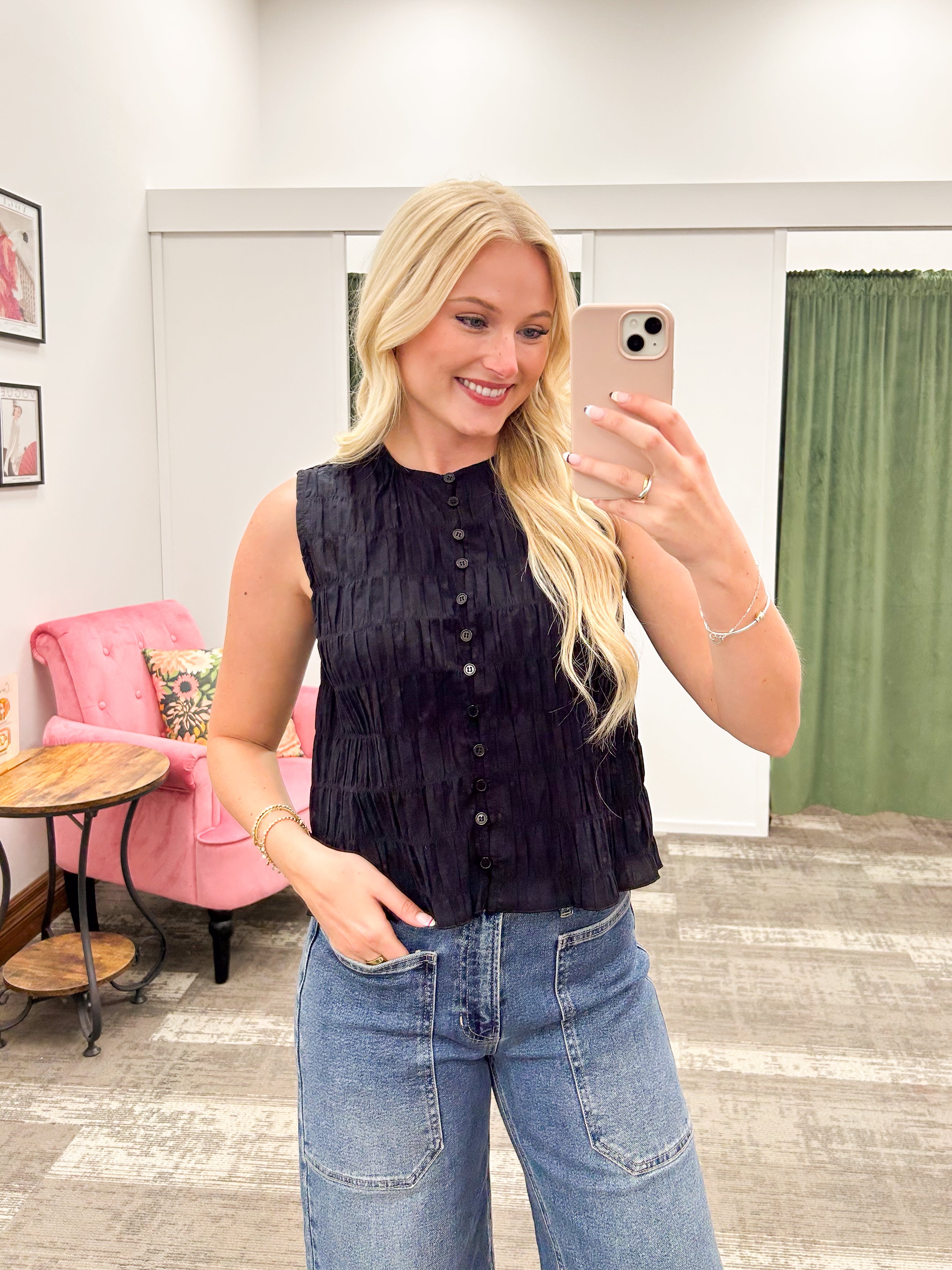 Black Textured Button Up Tank Top