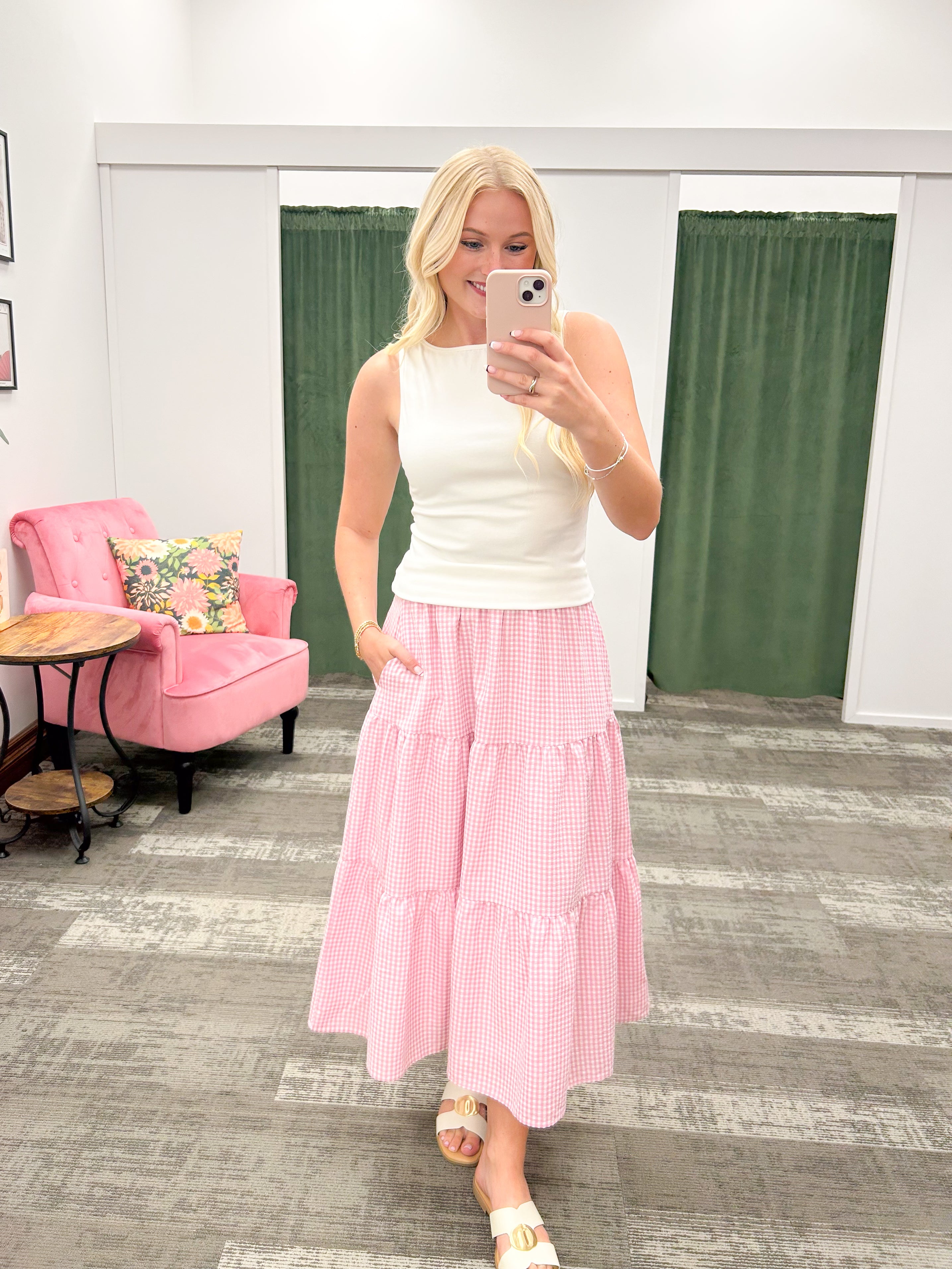 Pink Gingham Seersucker Midi Skirt
