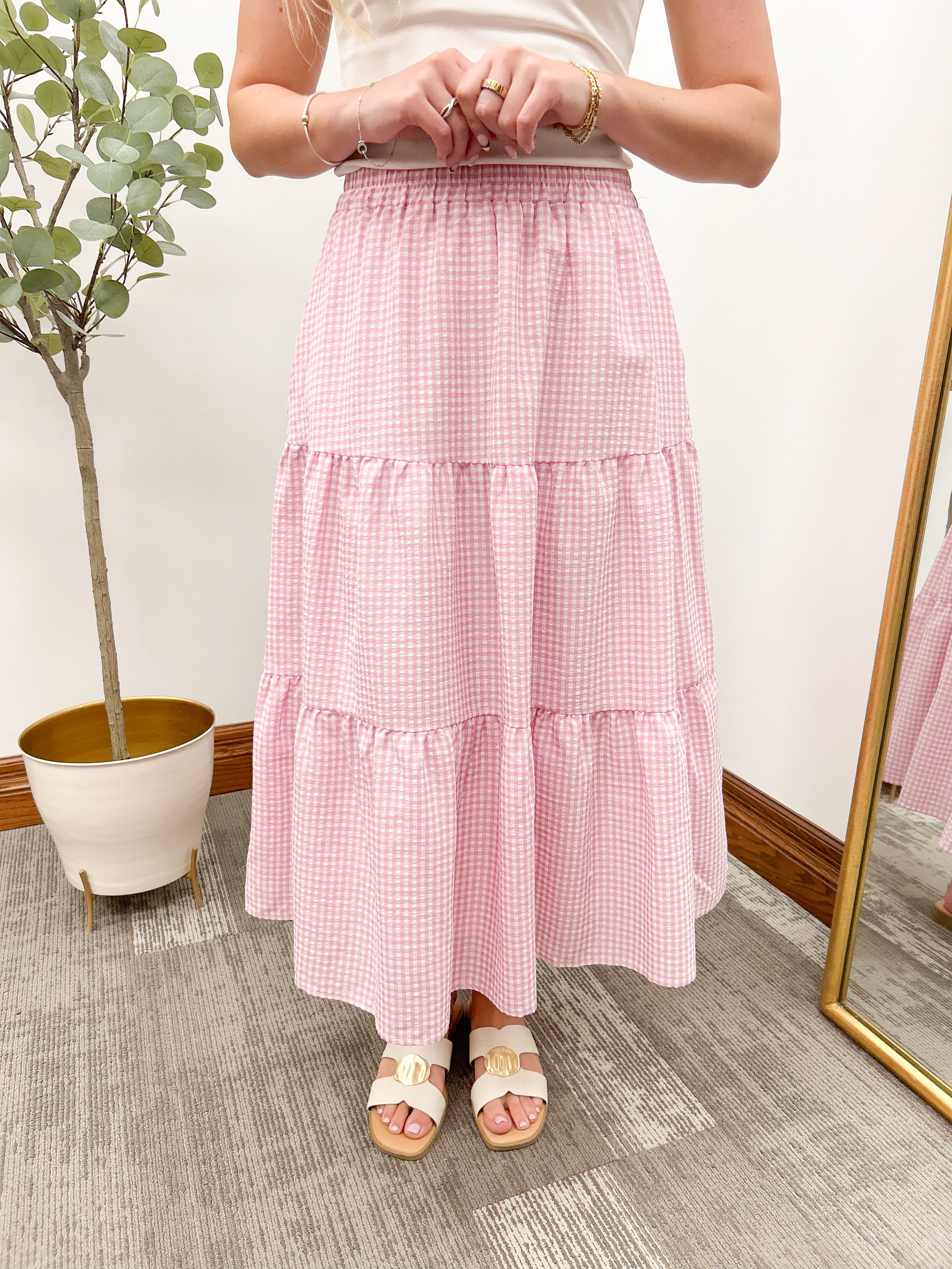 Pink Gingham Seersucker Midi Skirt