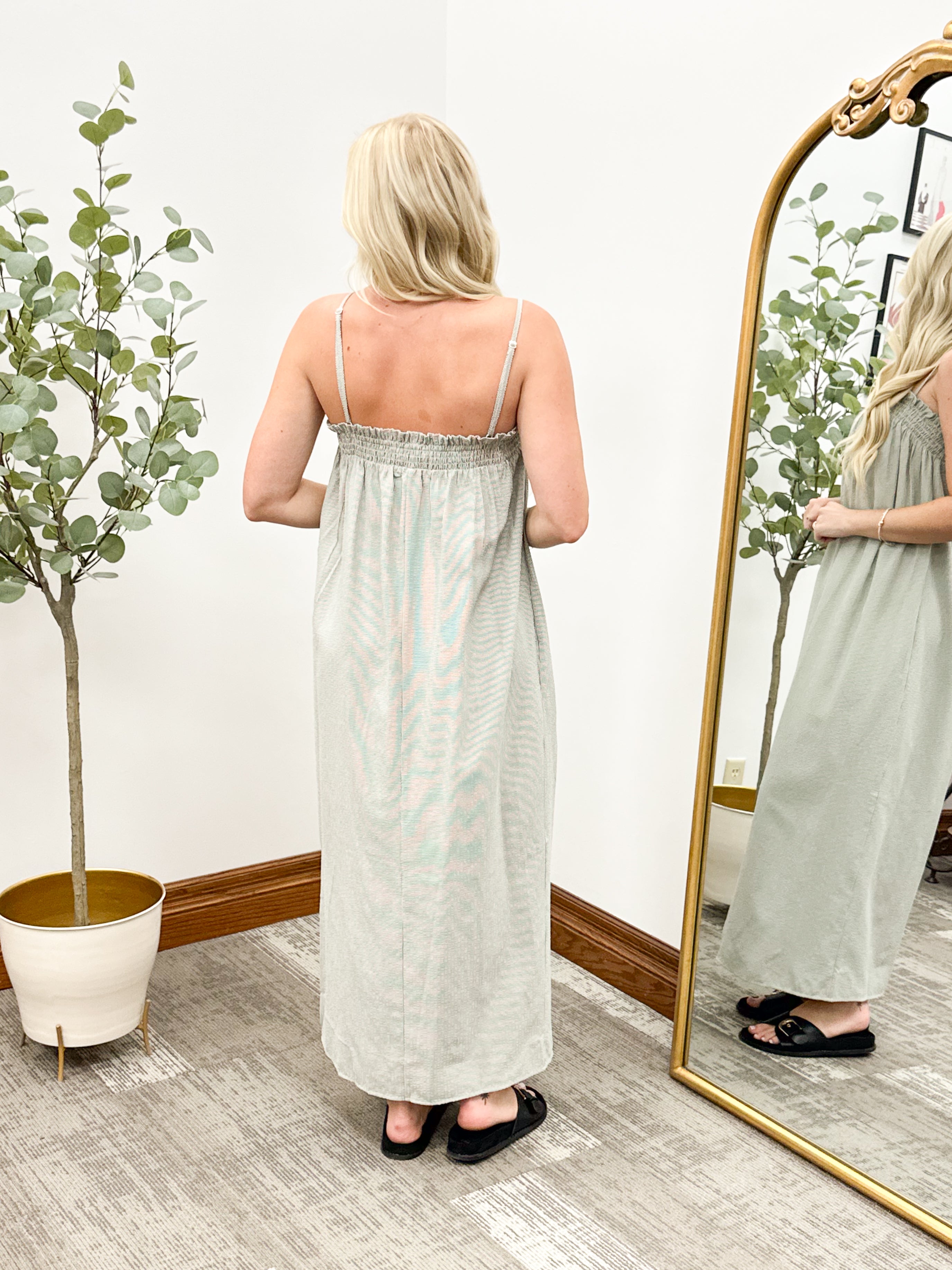 Smocked Pin Striped Midi Dress (2 colors)