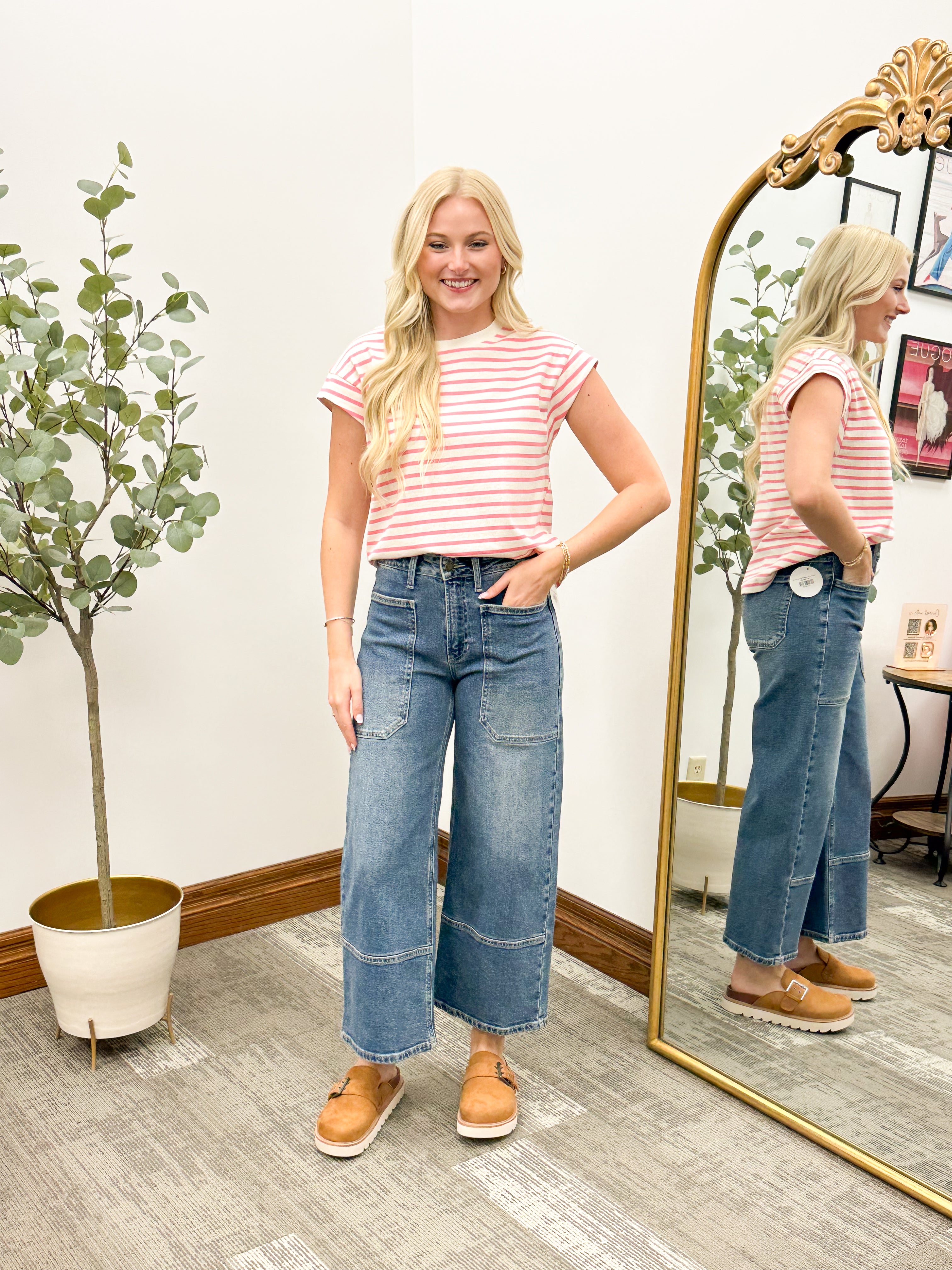 Cream & Pink Striped Muscle T-Shirt