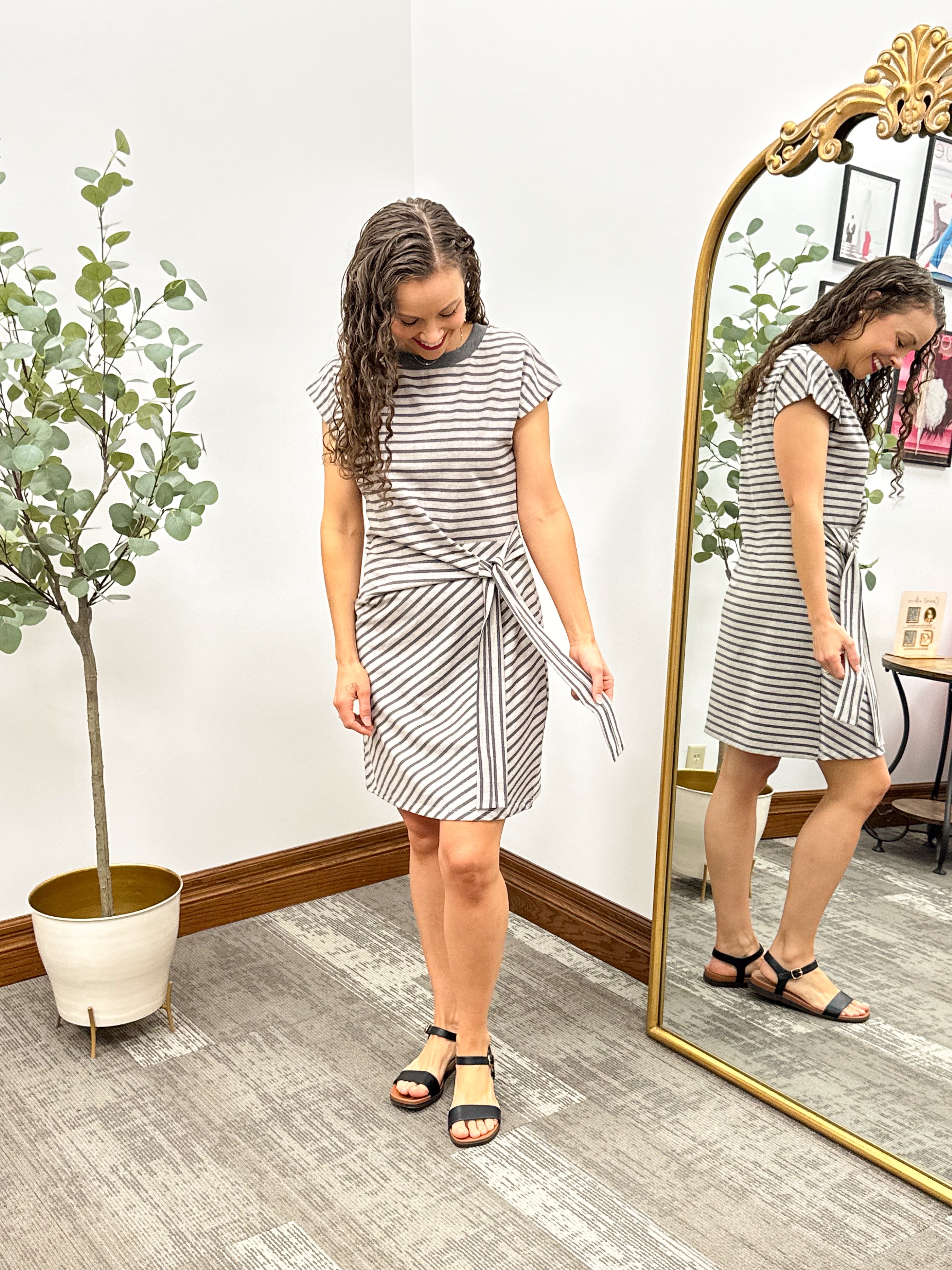 Gray Striped Front Tie Dress