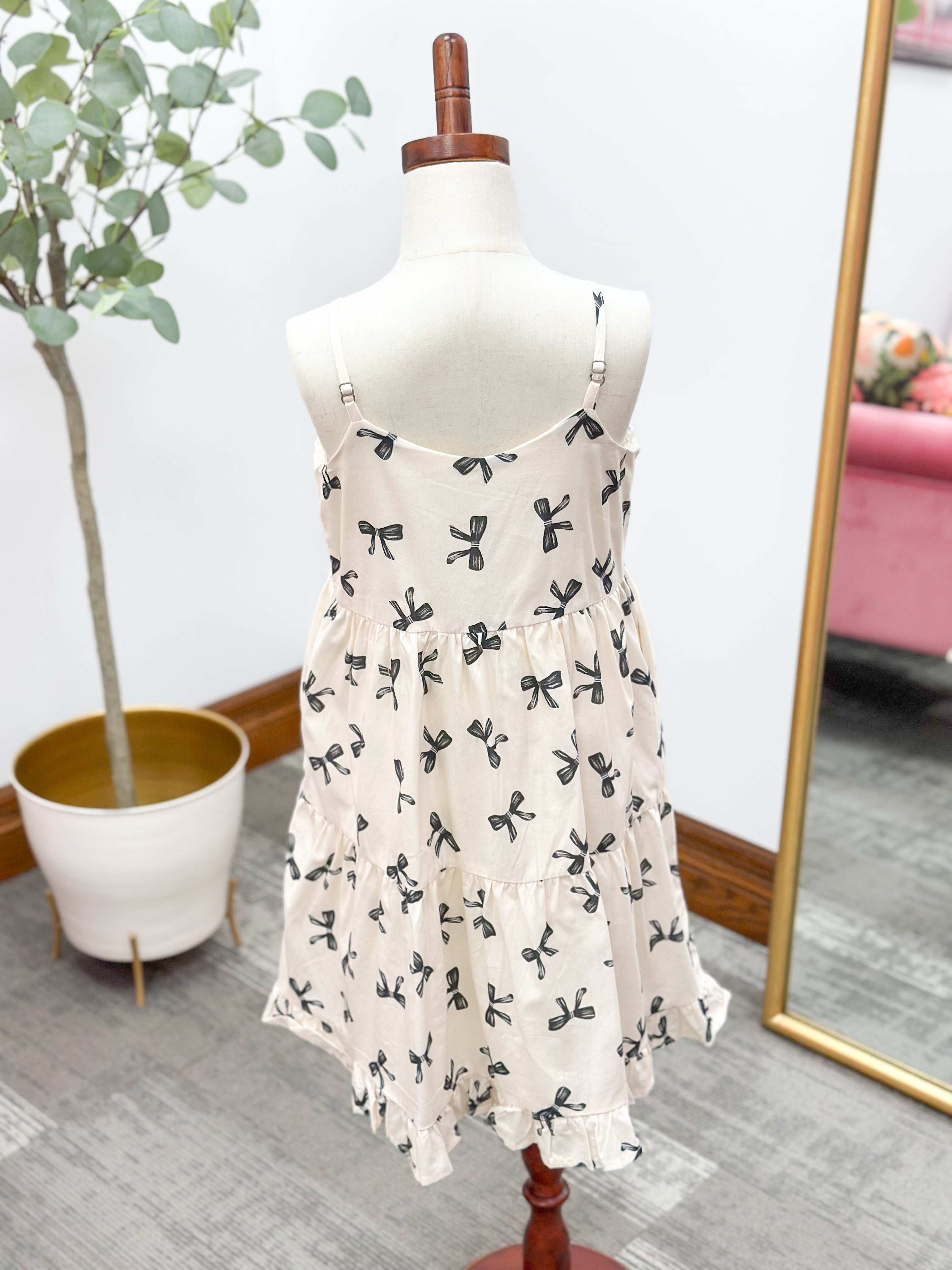Girls Bow Print Tiered Ruffle Dress