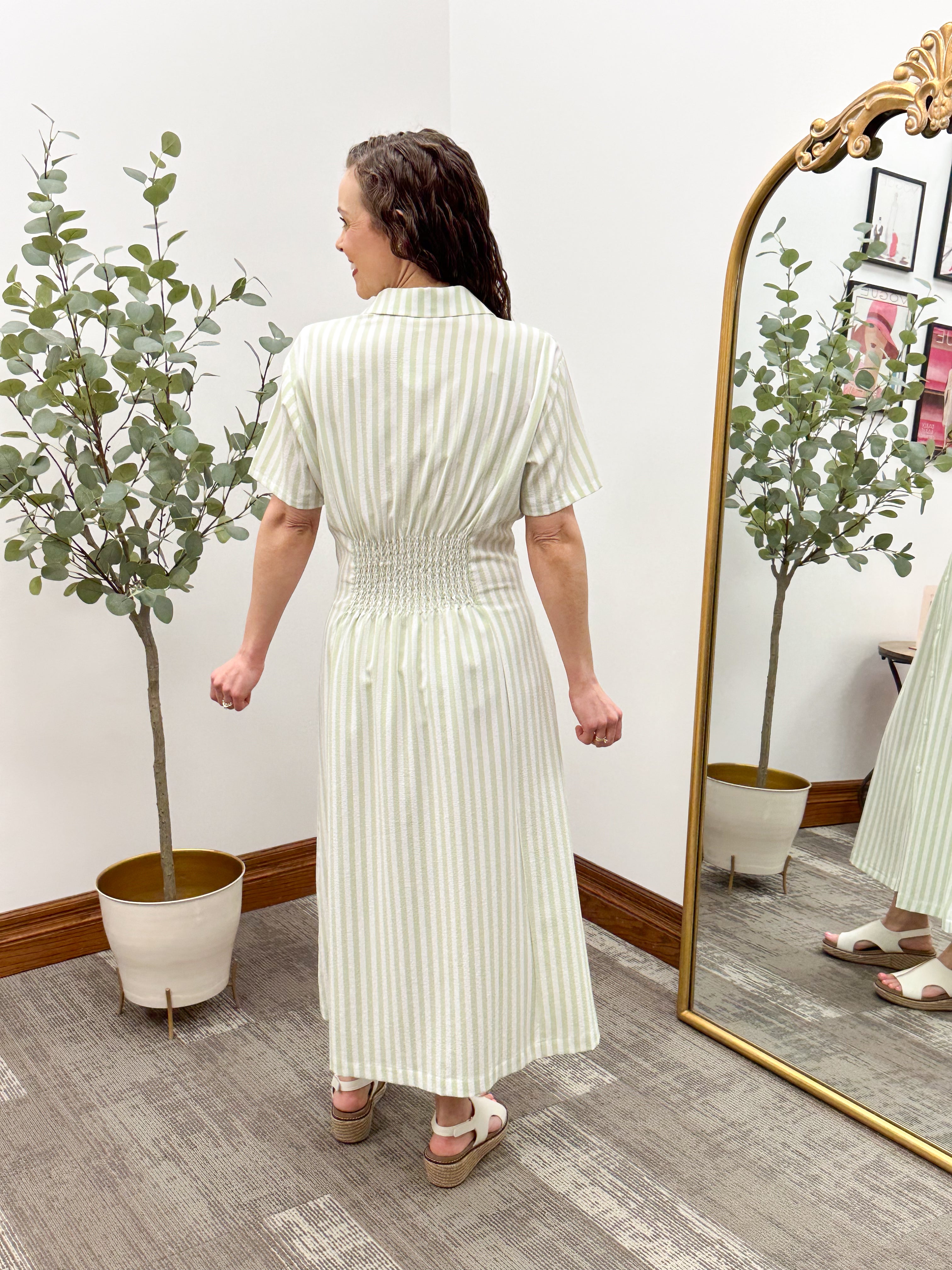 Green Stripe Button Down Shirt Dress