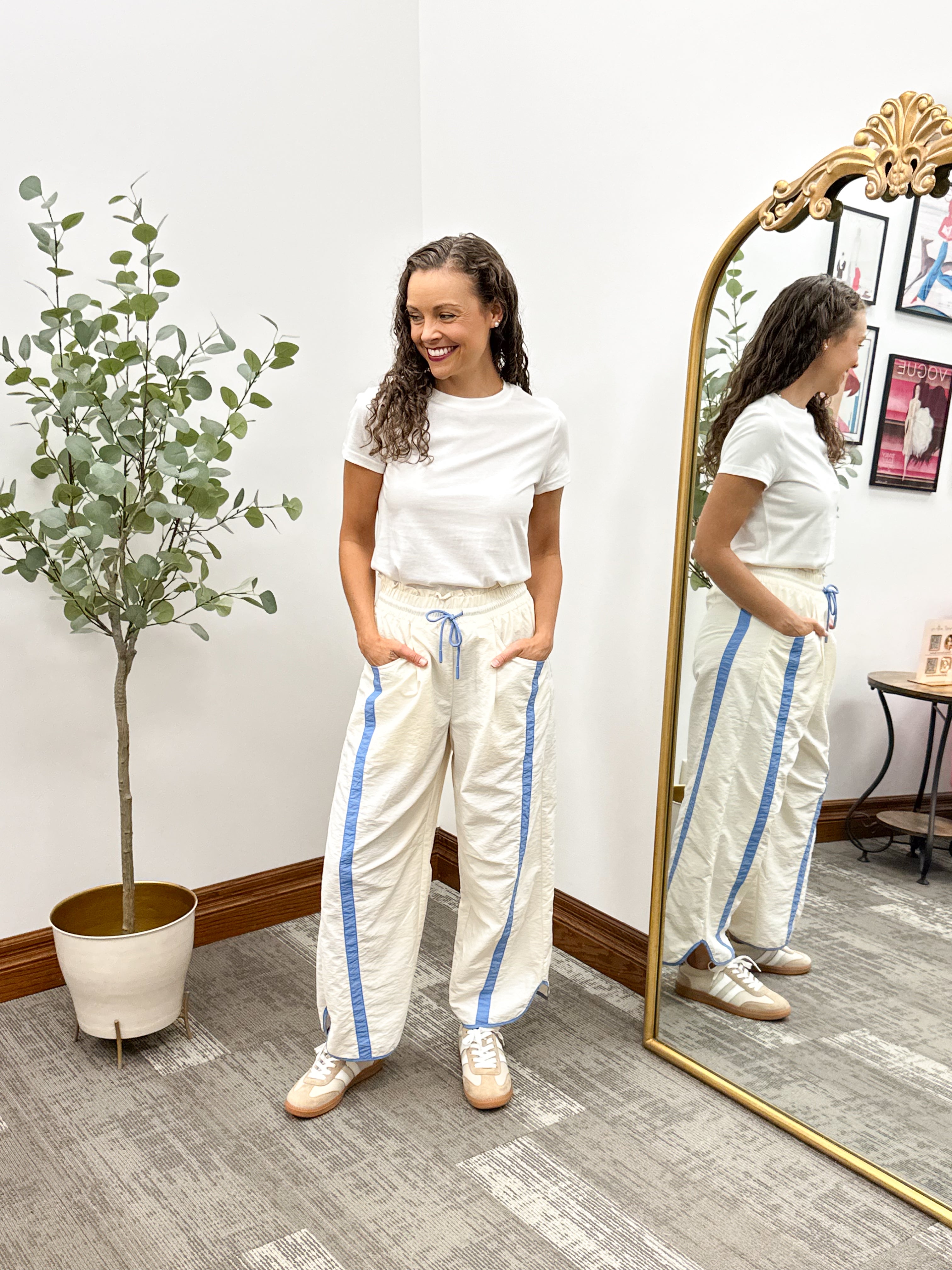 Cream & Blue Barrel Track Pants