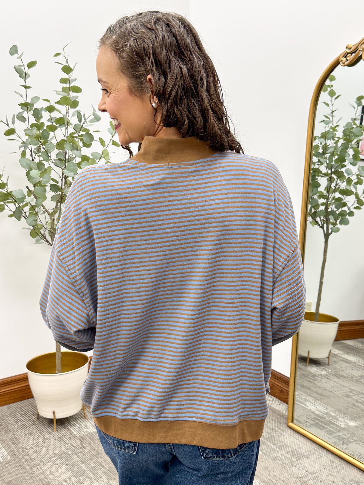 Striped Brushed Mock Neck Knit Top