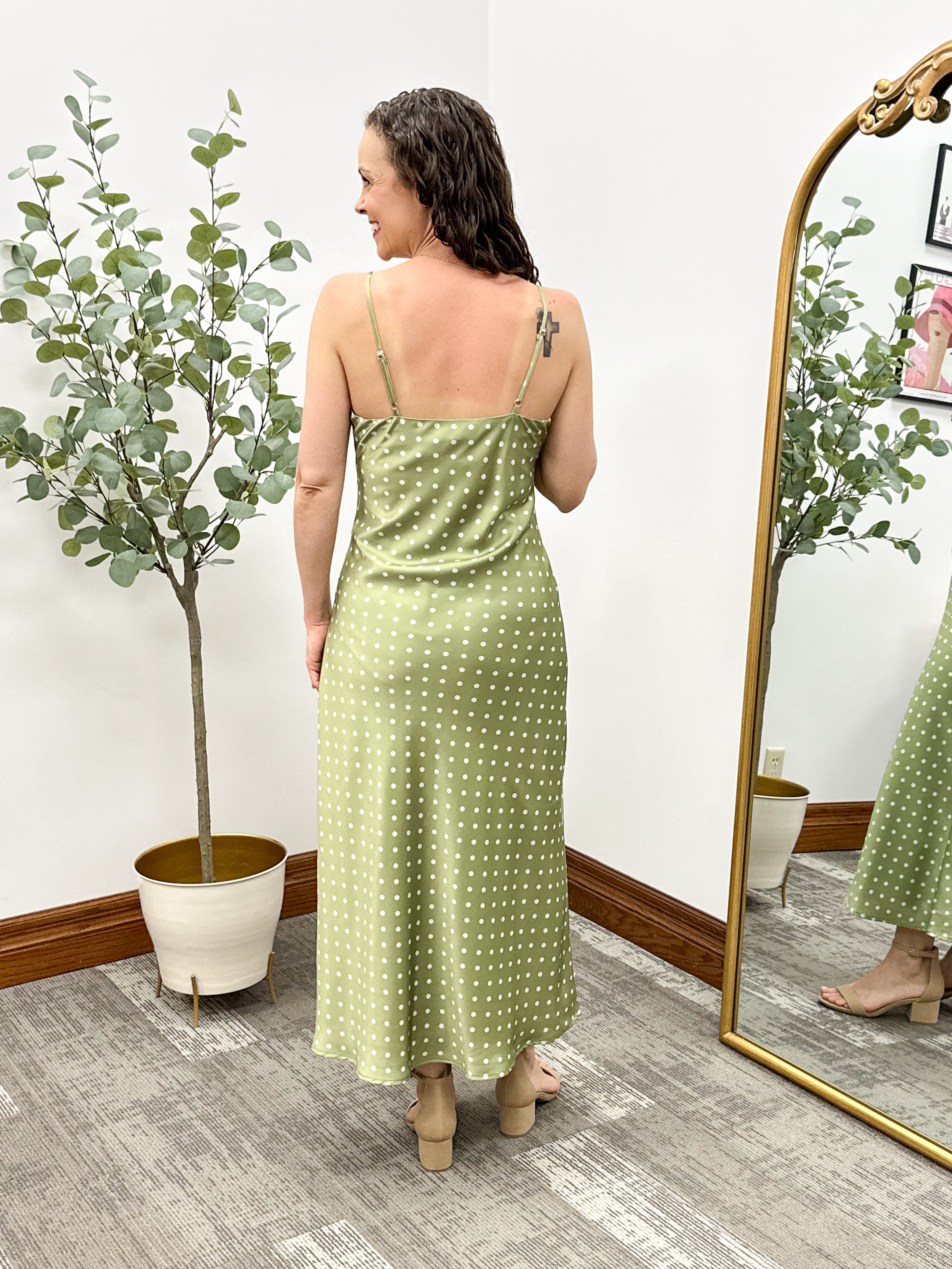 Green Polka Dot Satin Slip Dress