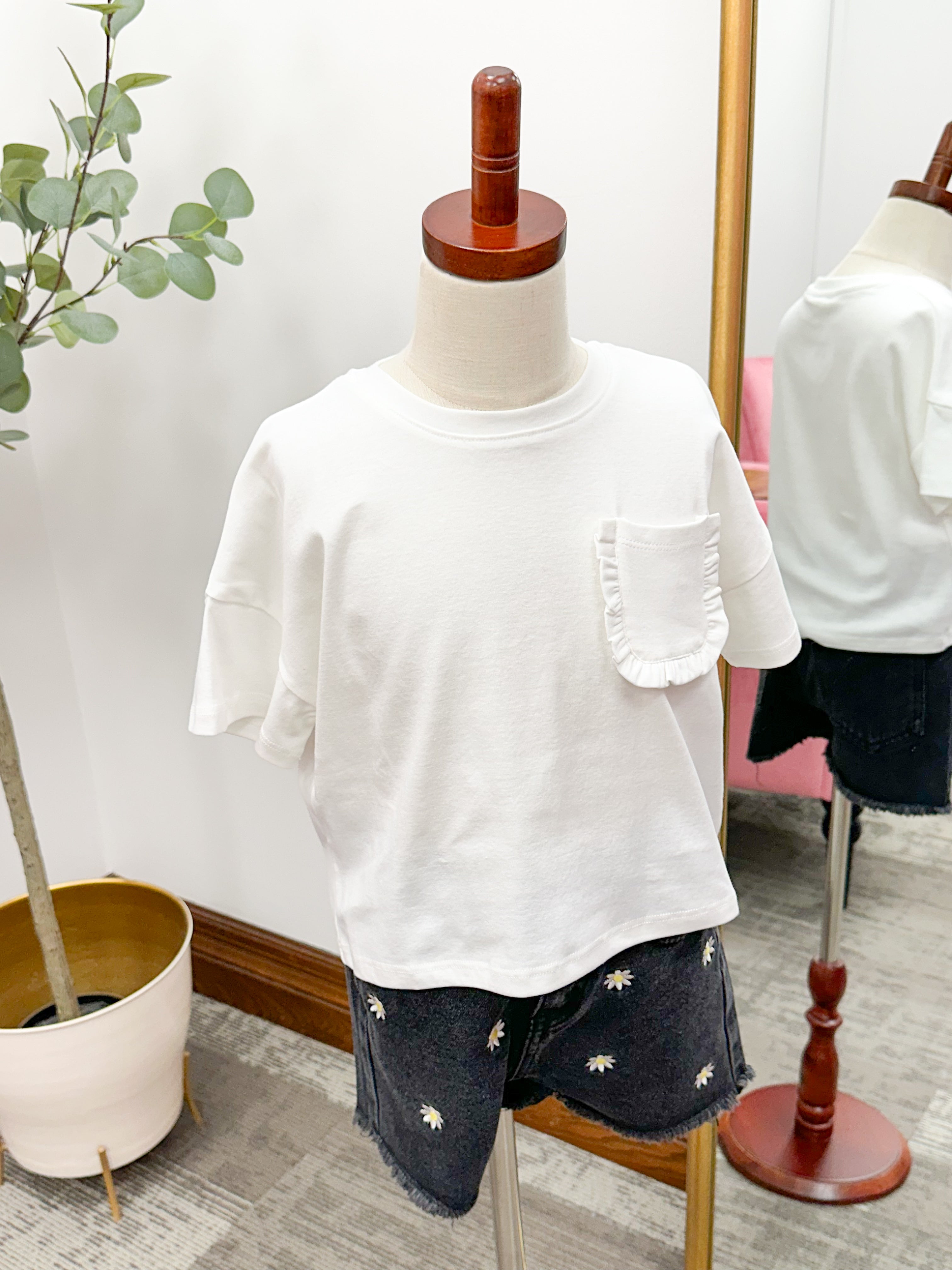 Girls White Ruffle Pocket T-Shirt