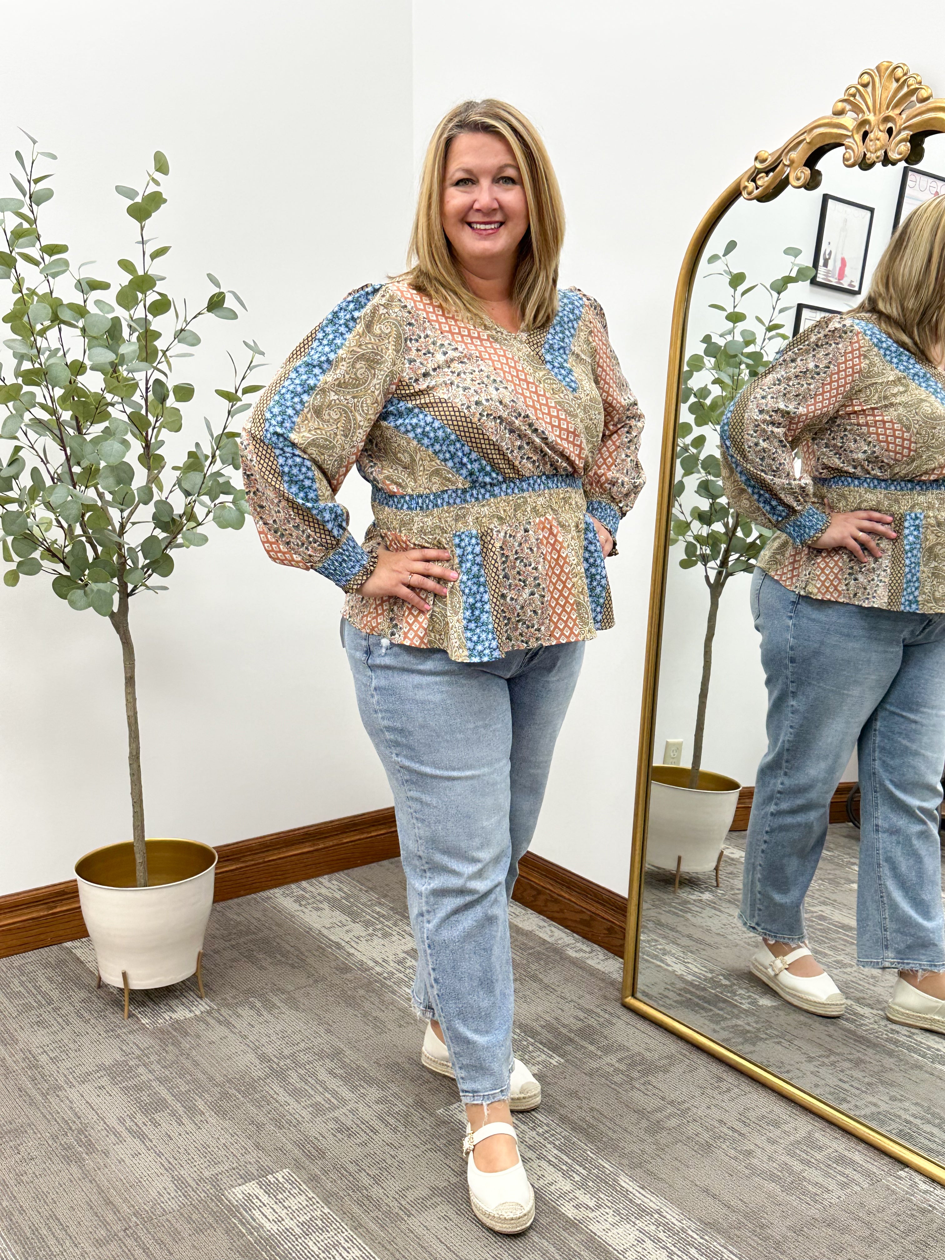 Multi Printed Smocked Peplum Blouse