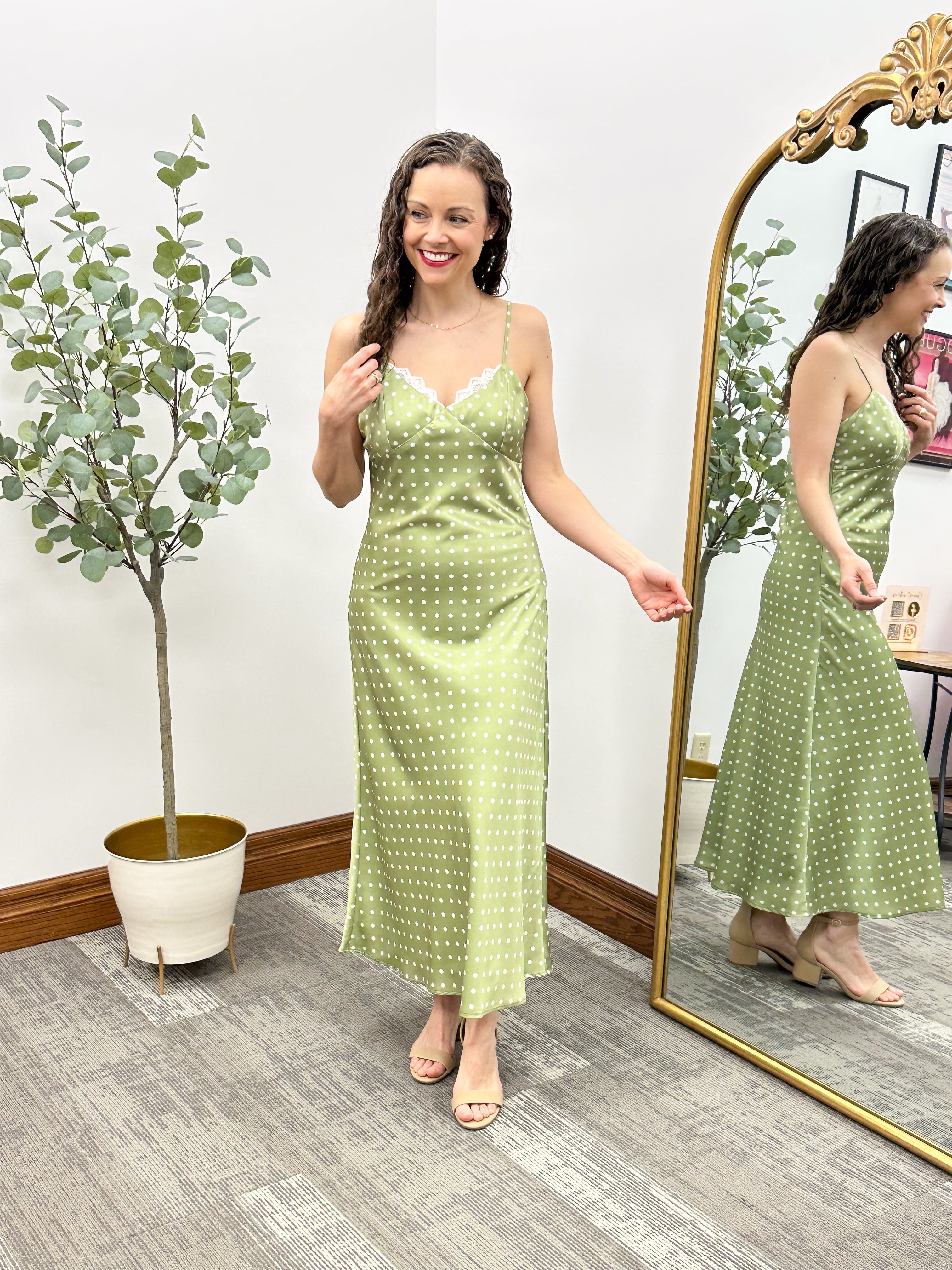Green Polka Dot Satin Slip Dress, Wedding Guest Dress, Green Satin Dress