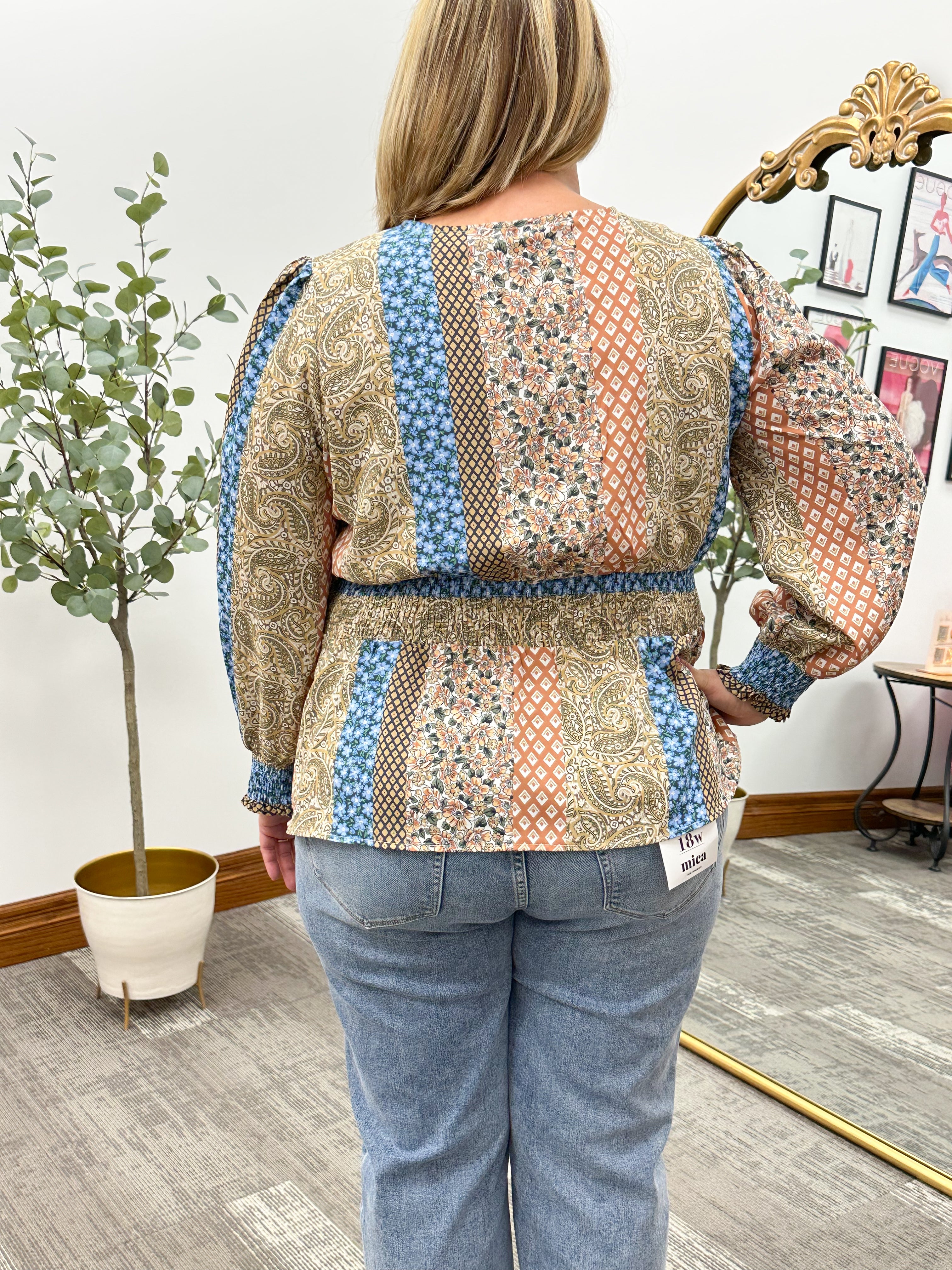 Multi Printed Smocked Peplum Blouse