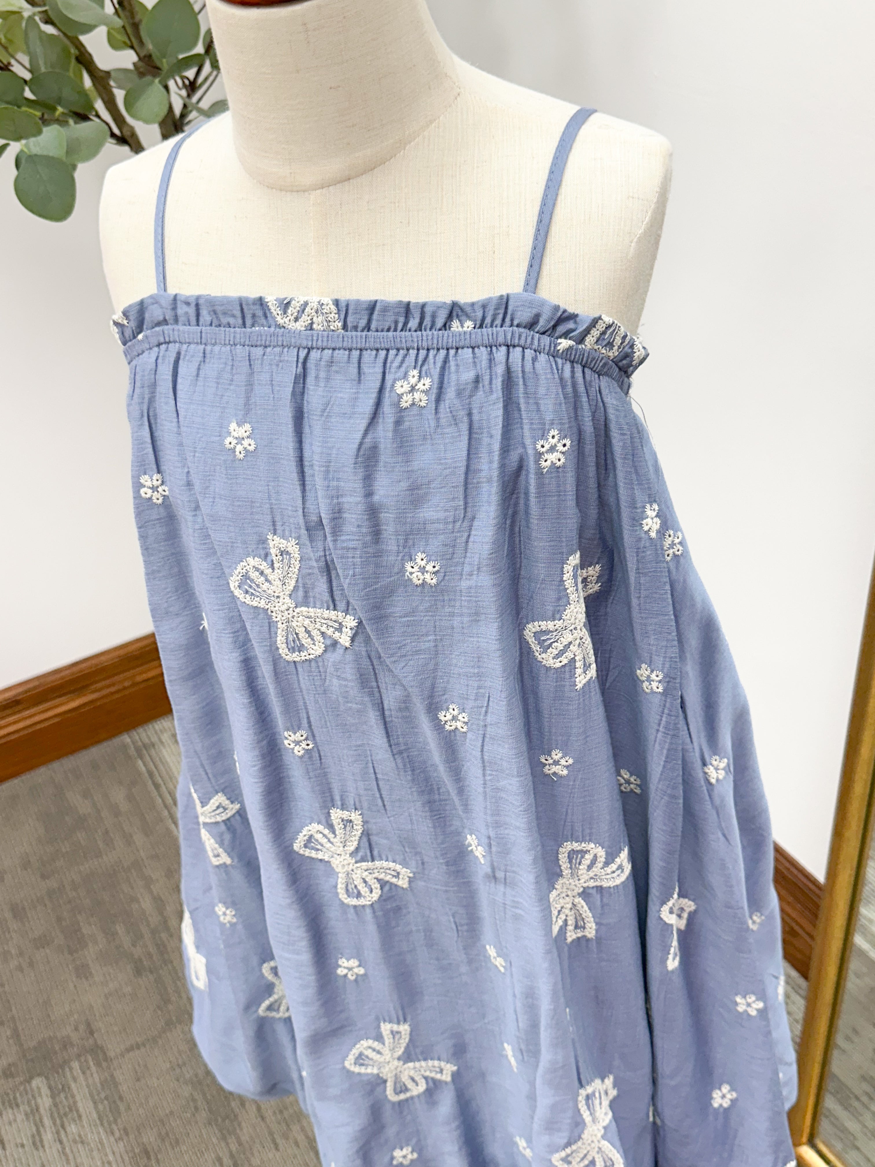 Girls Blue Bow Embroidered Dress
