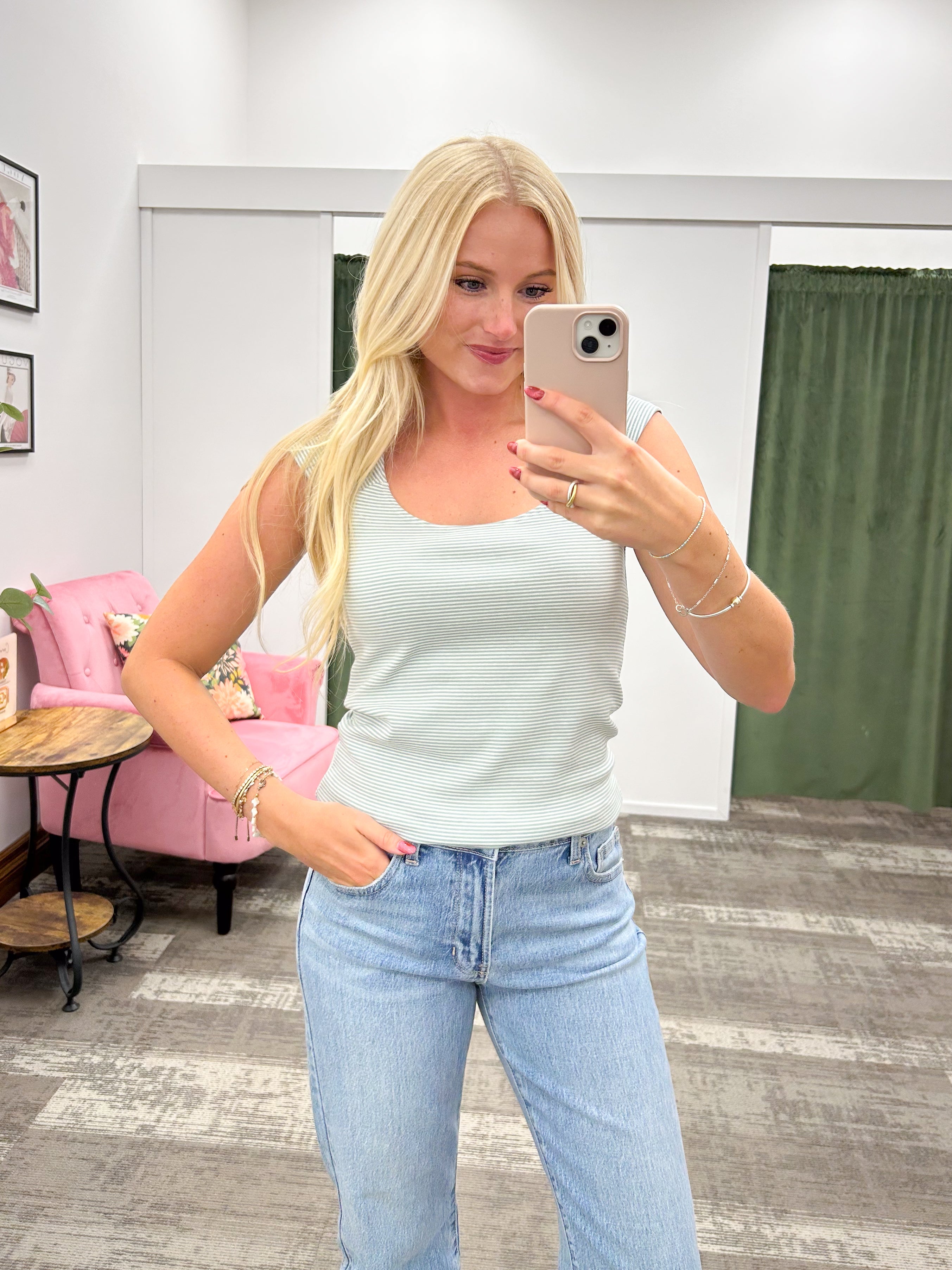 White & Sage Striped Cap Sleeve Top
