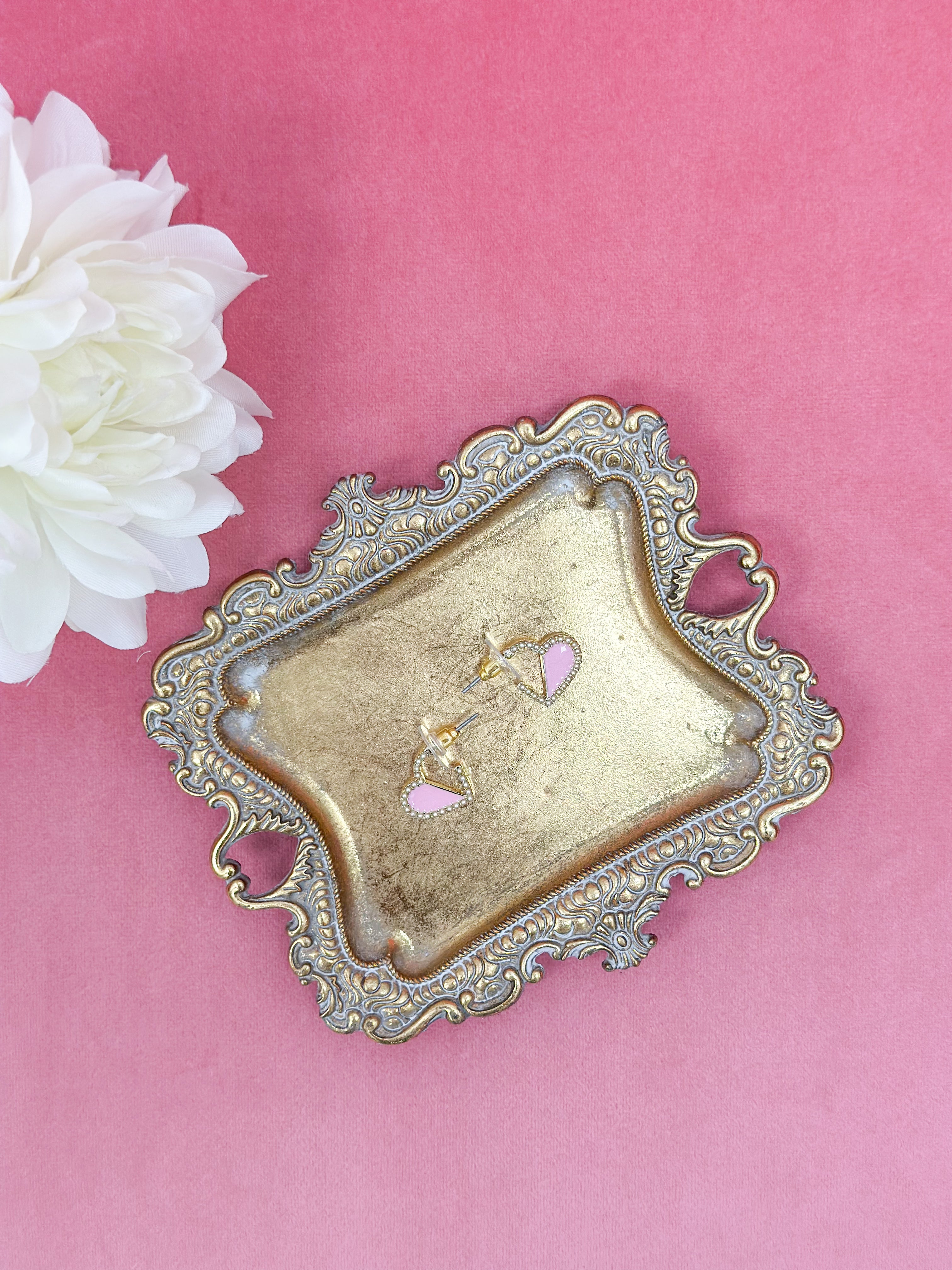 Heart Hoop Earrings W/ Enamel & Pearls