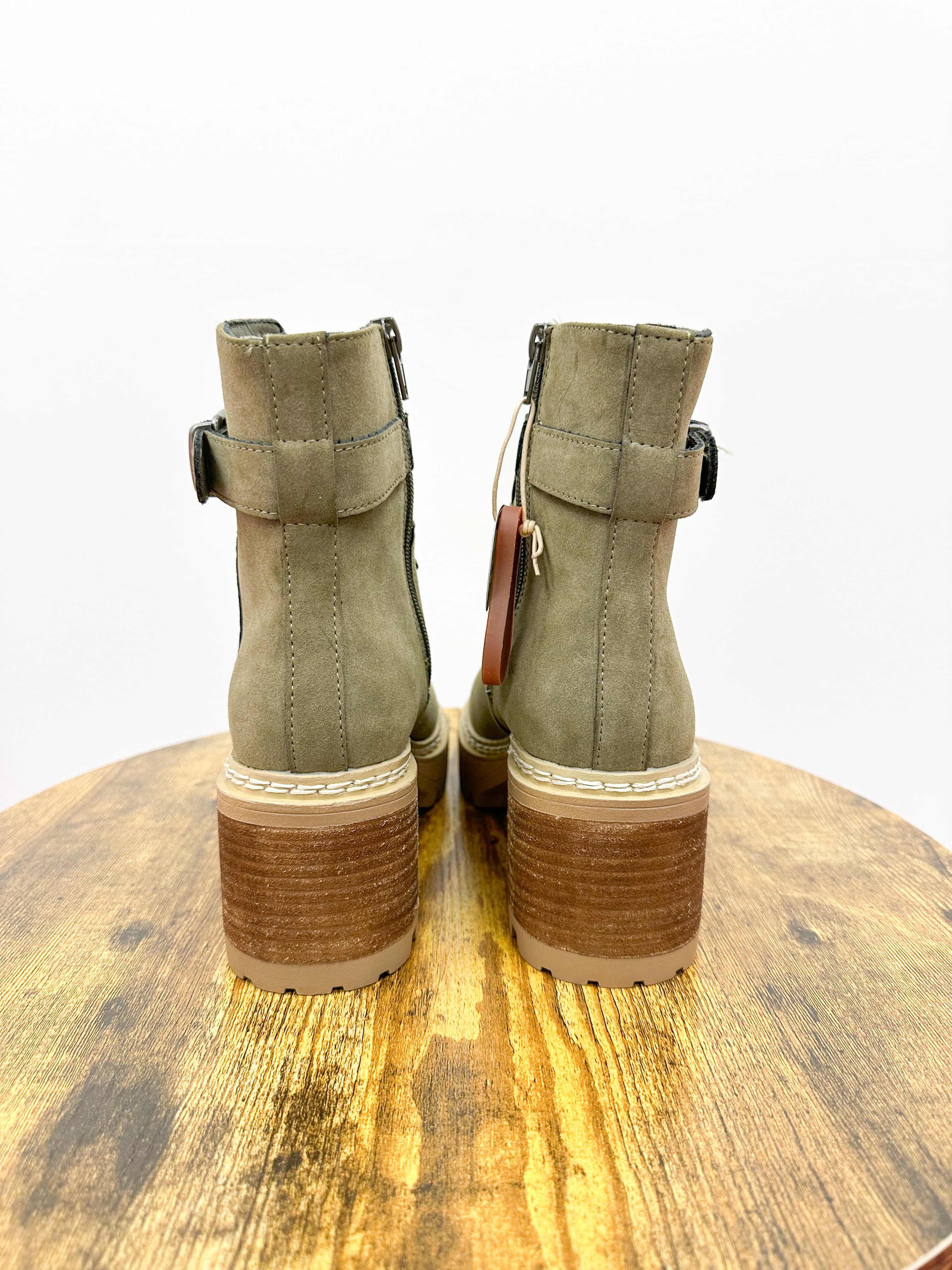 Olive Faux Suede Chunky Heel Bootie