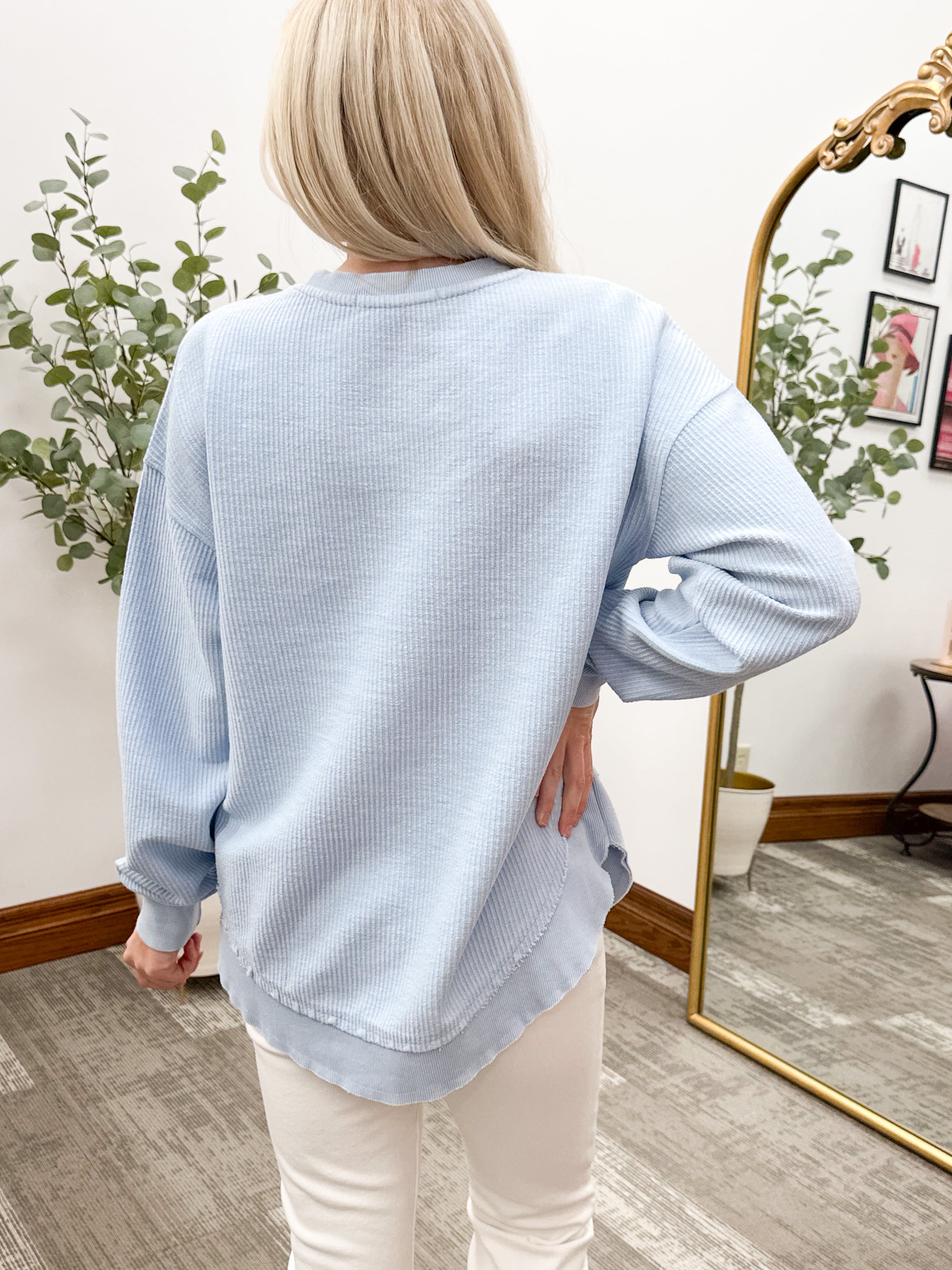 Sky Blue Rounded Hem Corded Crewneck