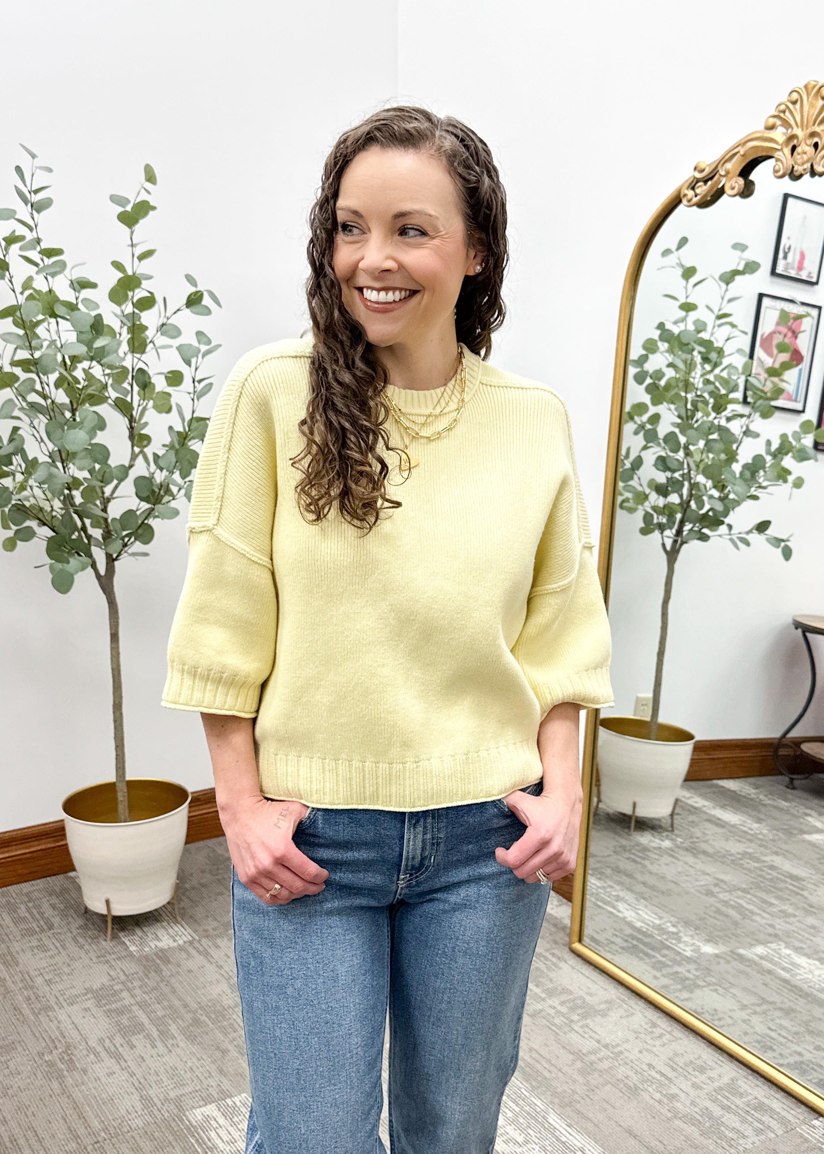 Yellow 3/4 Sleeve Sweater, Yellow Spring Sweater