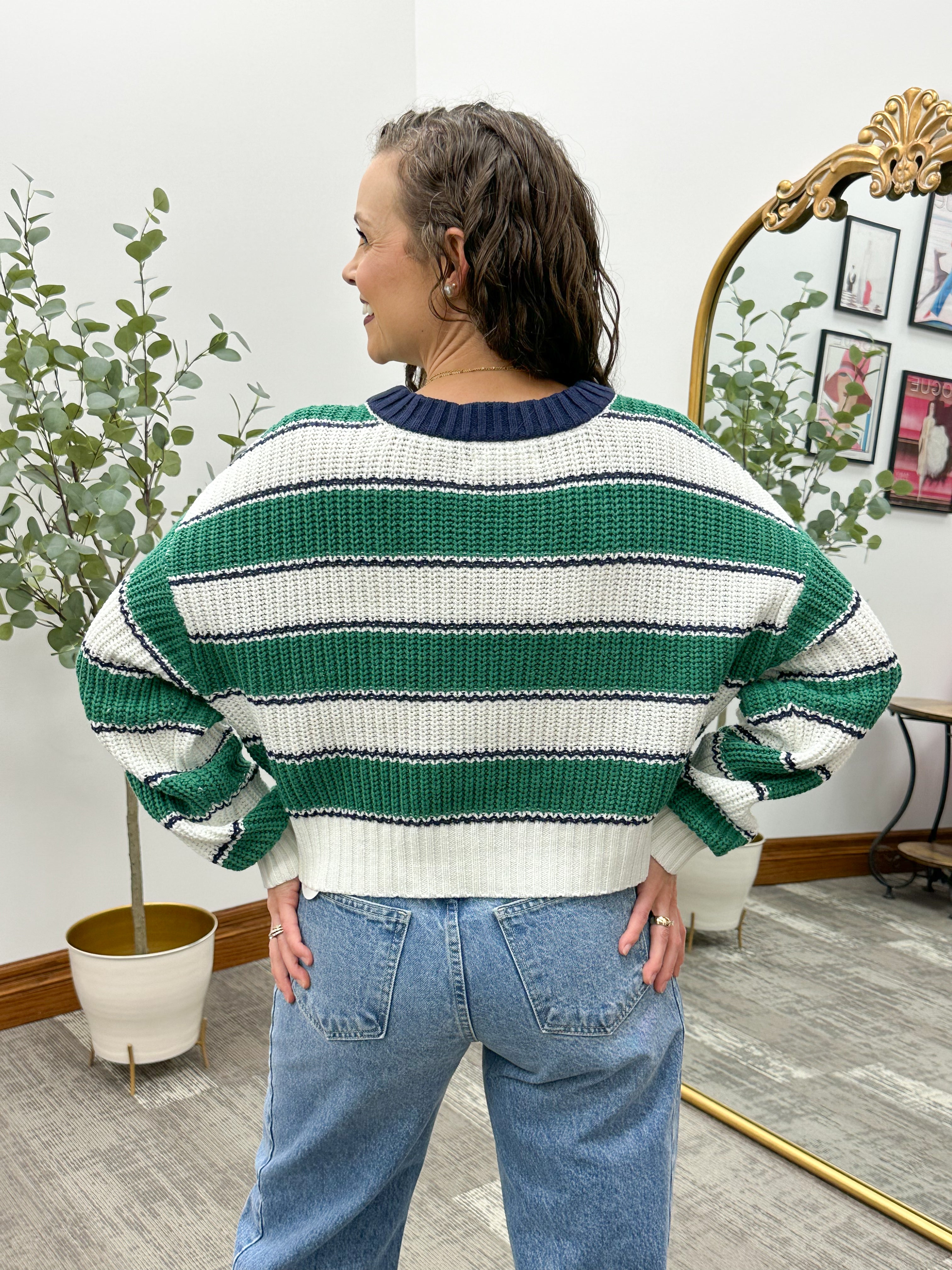 Green Striped Cropped Knit Sweater