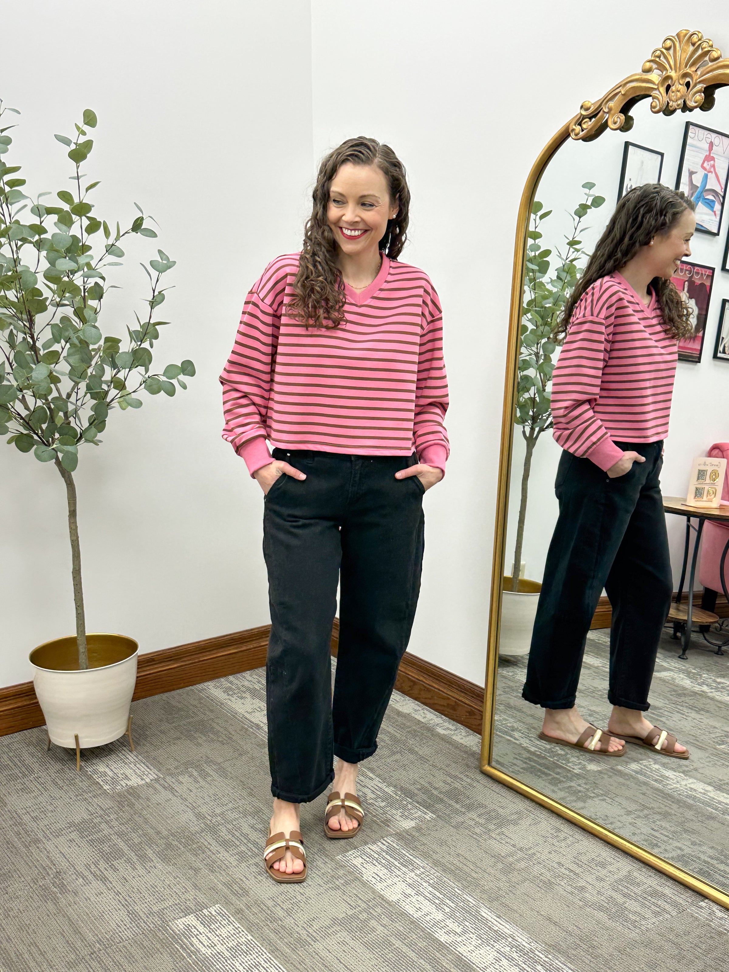 Pink & Brown Striped French Terry Top