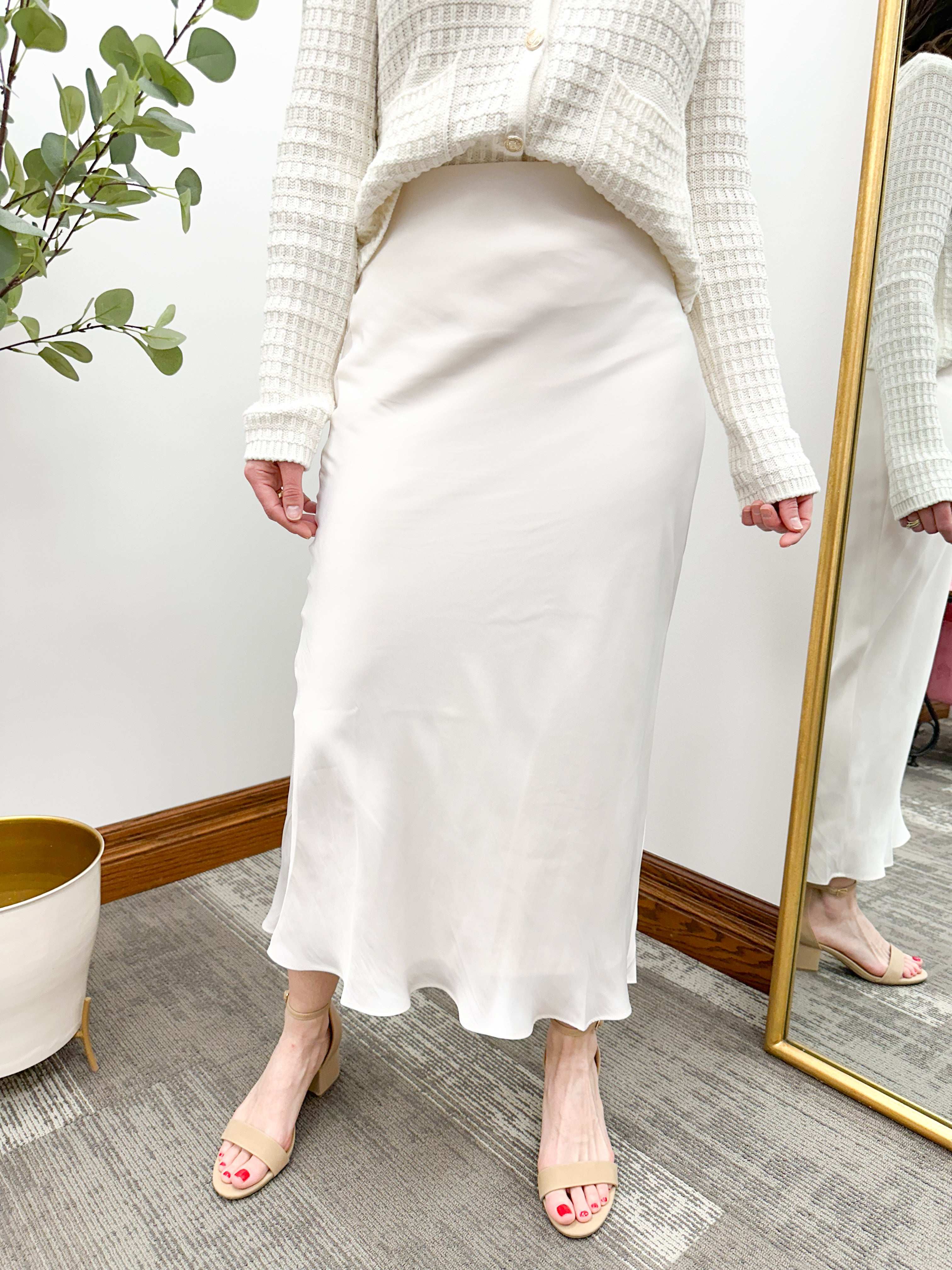 Cream Poly Sheen Midi Skirt (Z Supply)