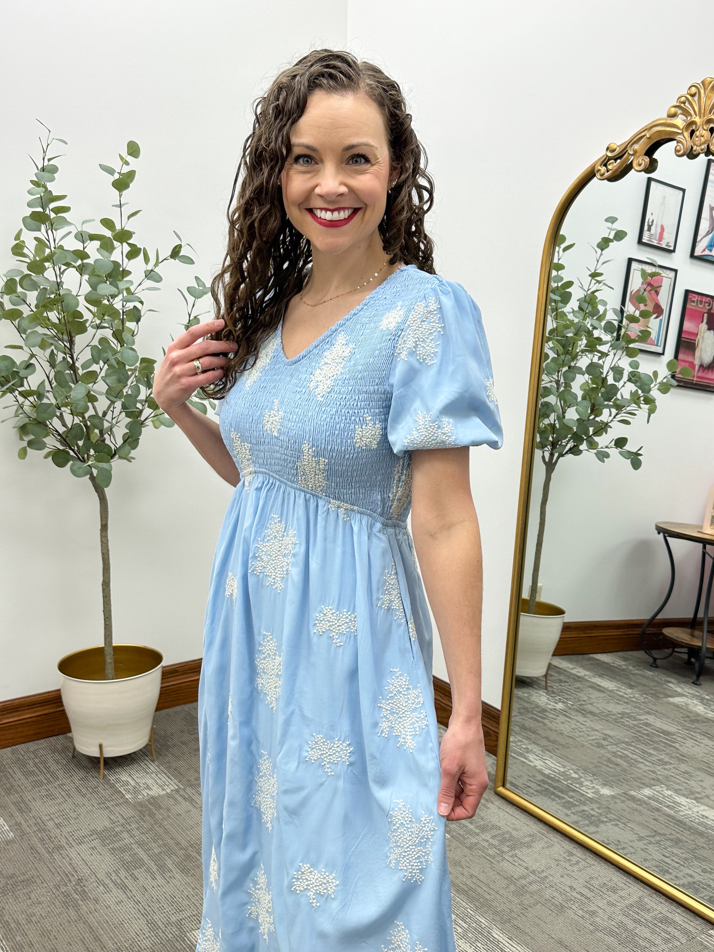 Sky Blue Embroidered Midi Dress
