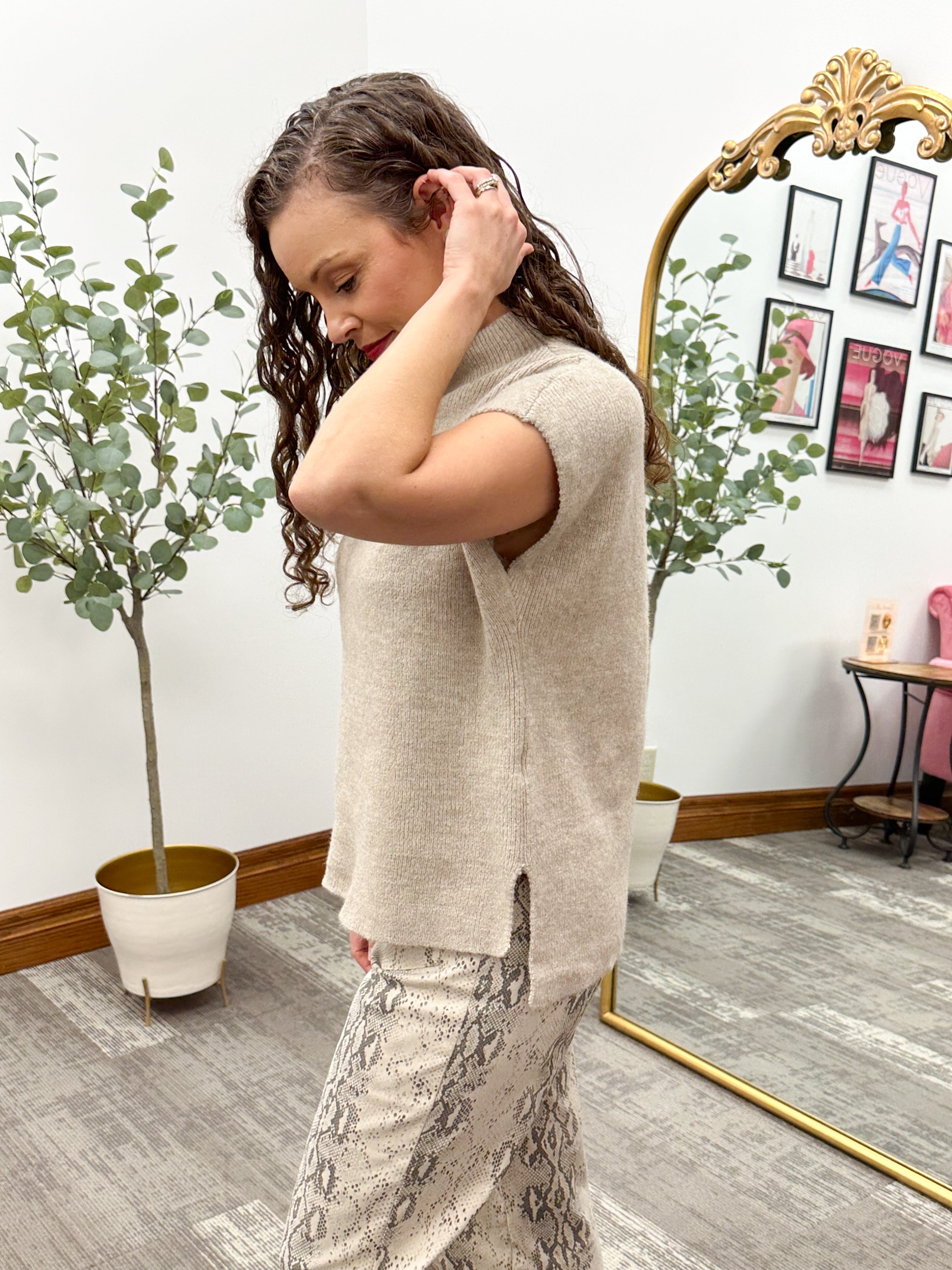Taupe Mock Neck Short Sleeve Sweater