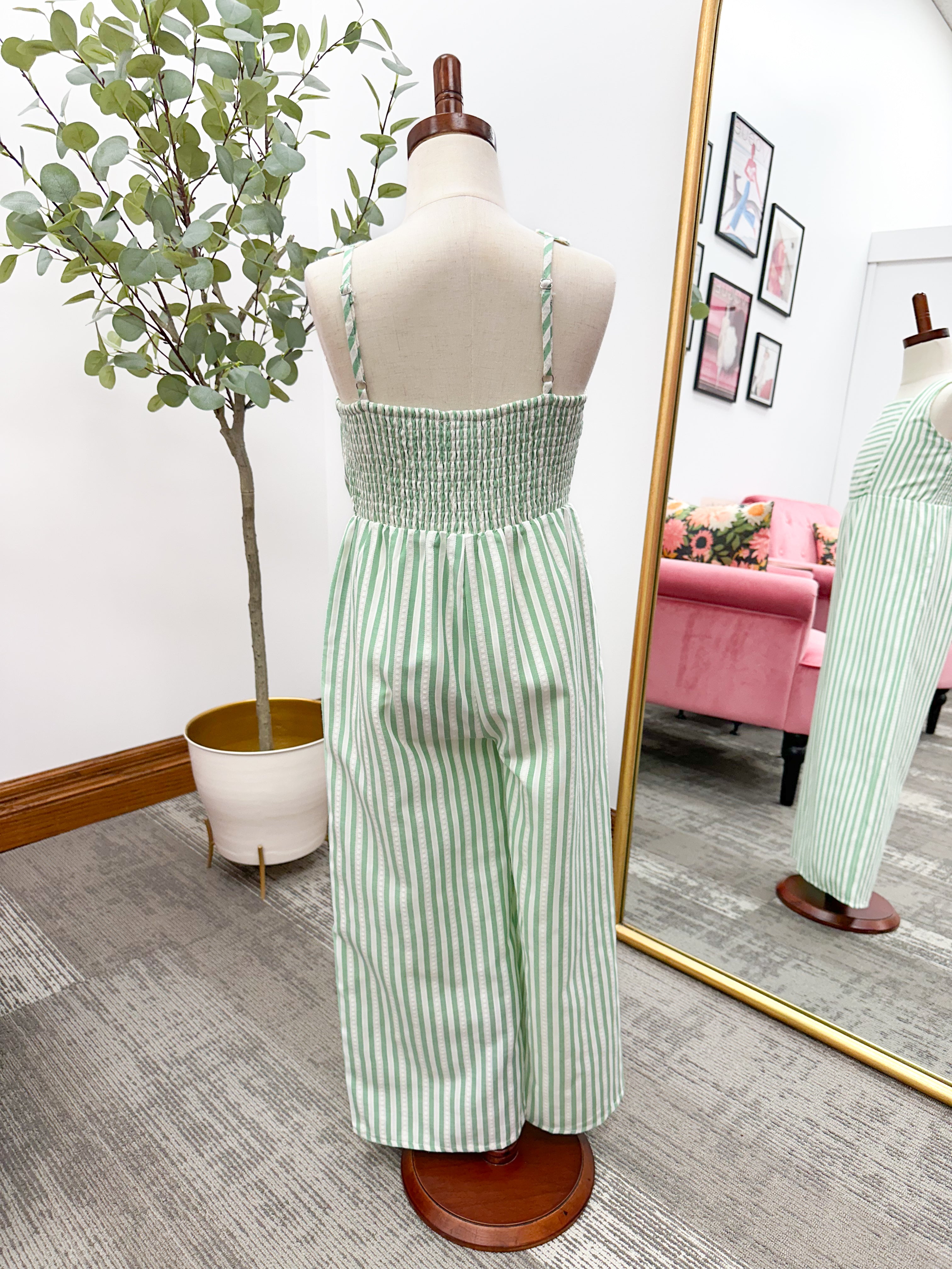 Girls Green Striped Jumpsuit