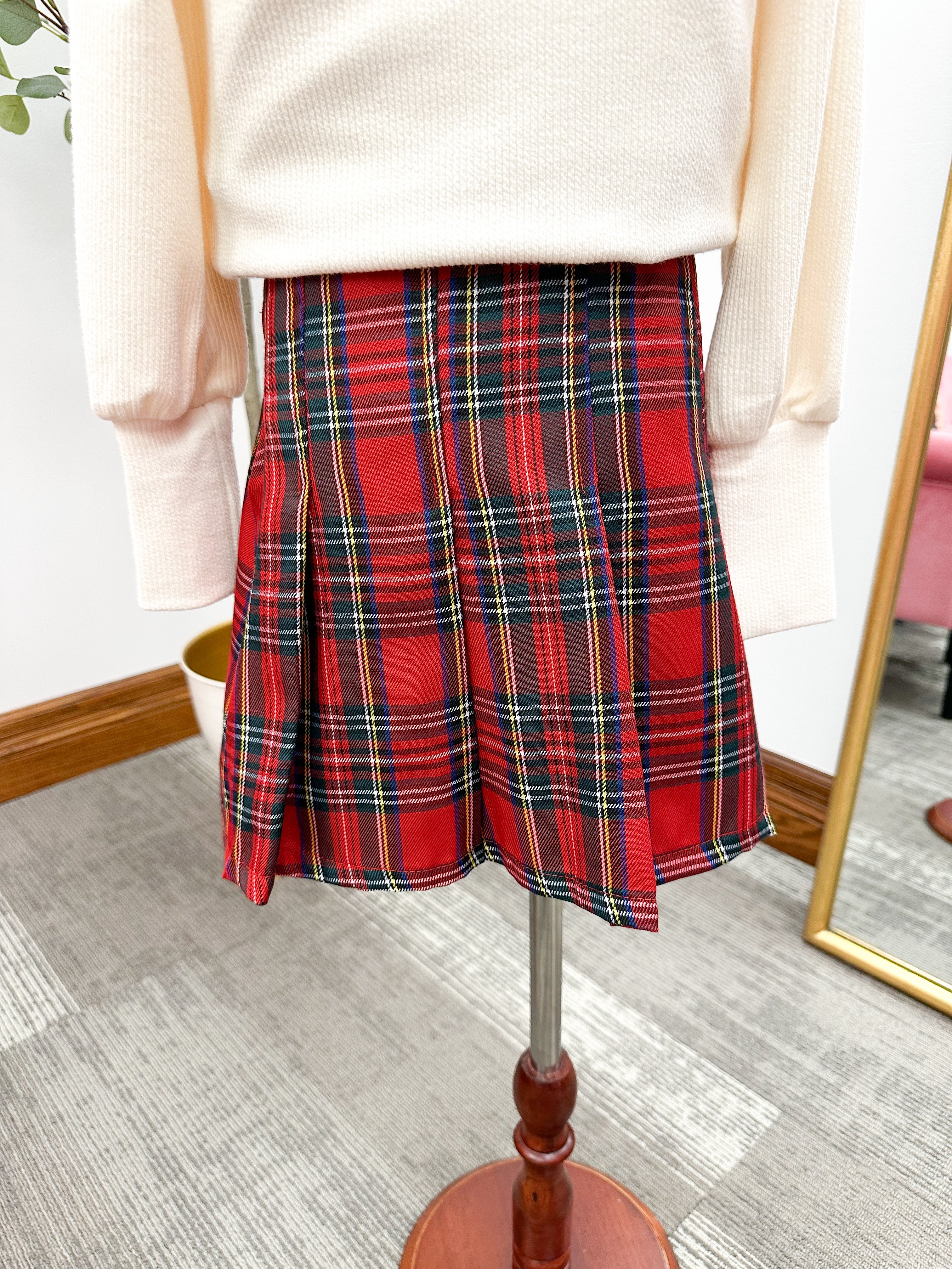 Girls Red Plaid Pleated Skirt