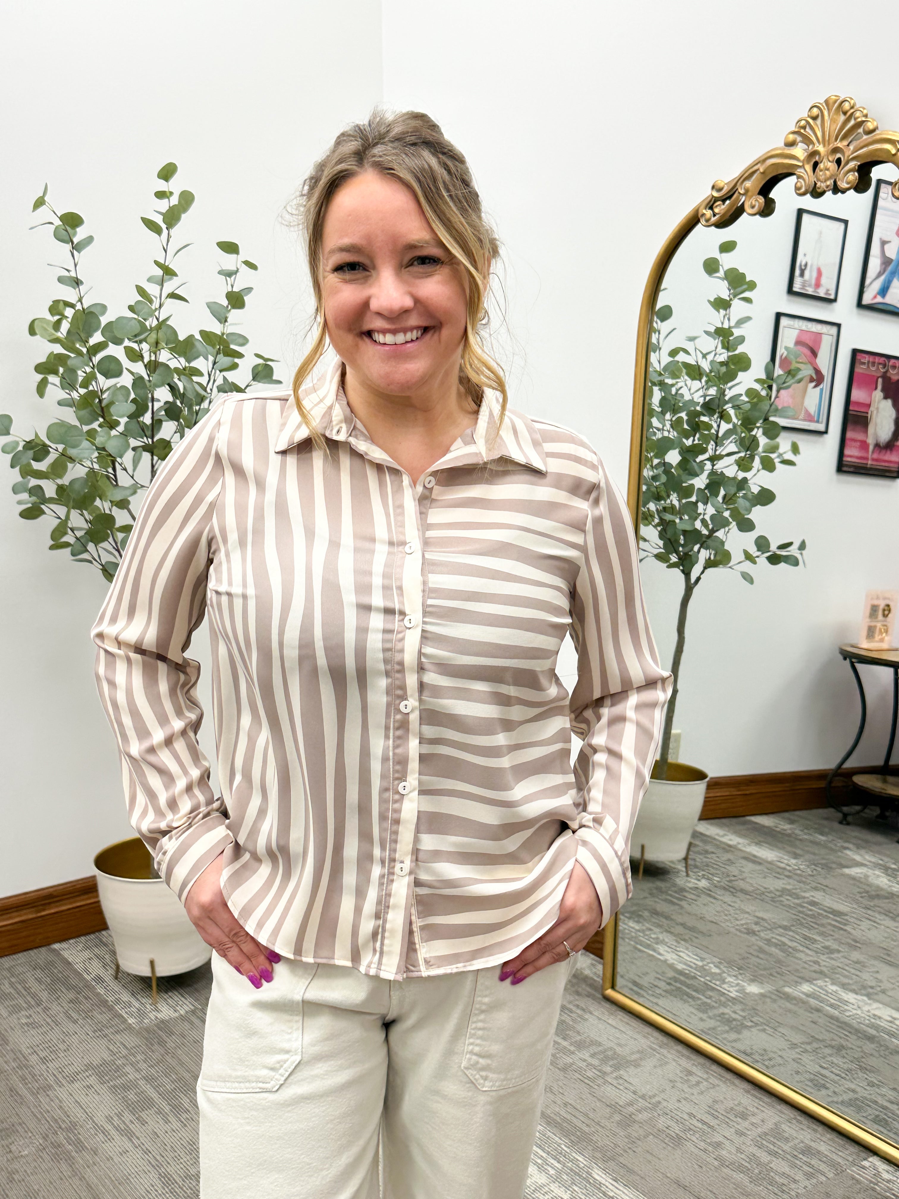 Wavy Striped Button Down Blouse