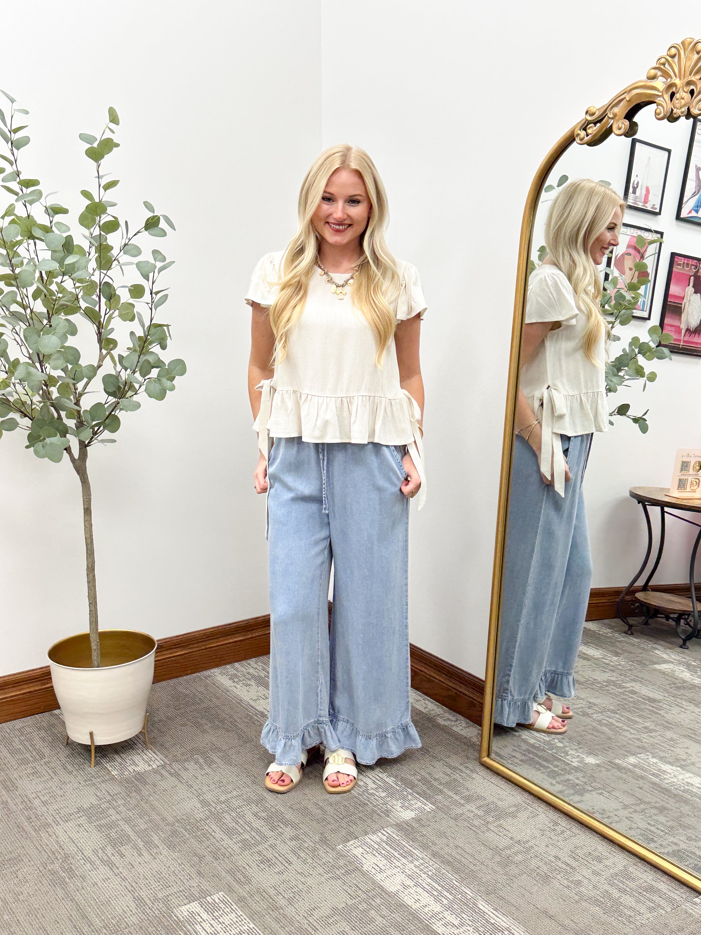 Light Wash Tencel Denim Ruffle Hem Pants