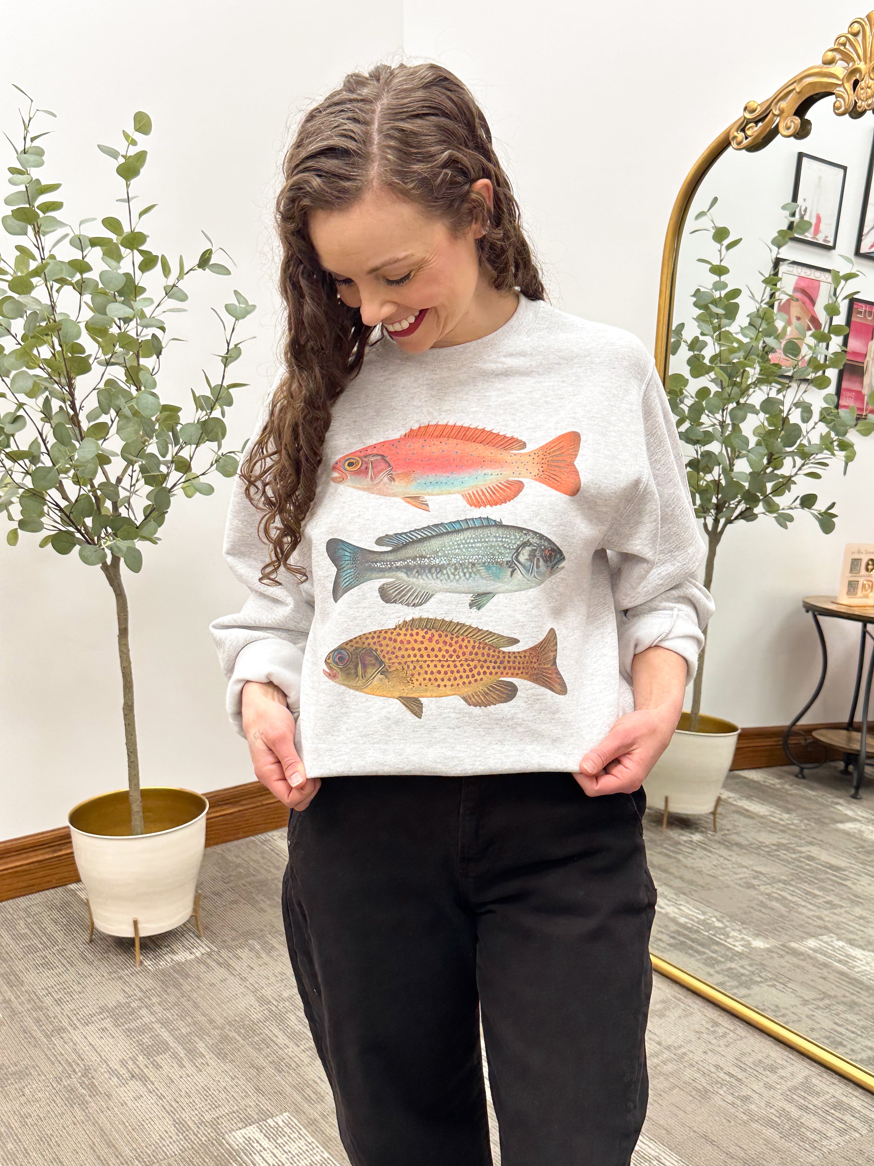 Heather Gray Fish Crewneck Sweatshirt, Fish Sweatshirt