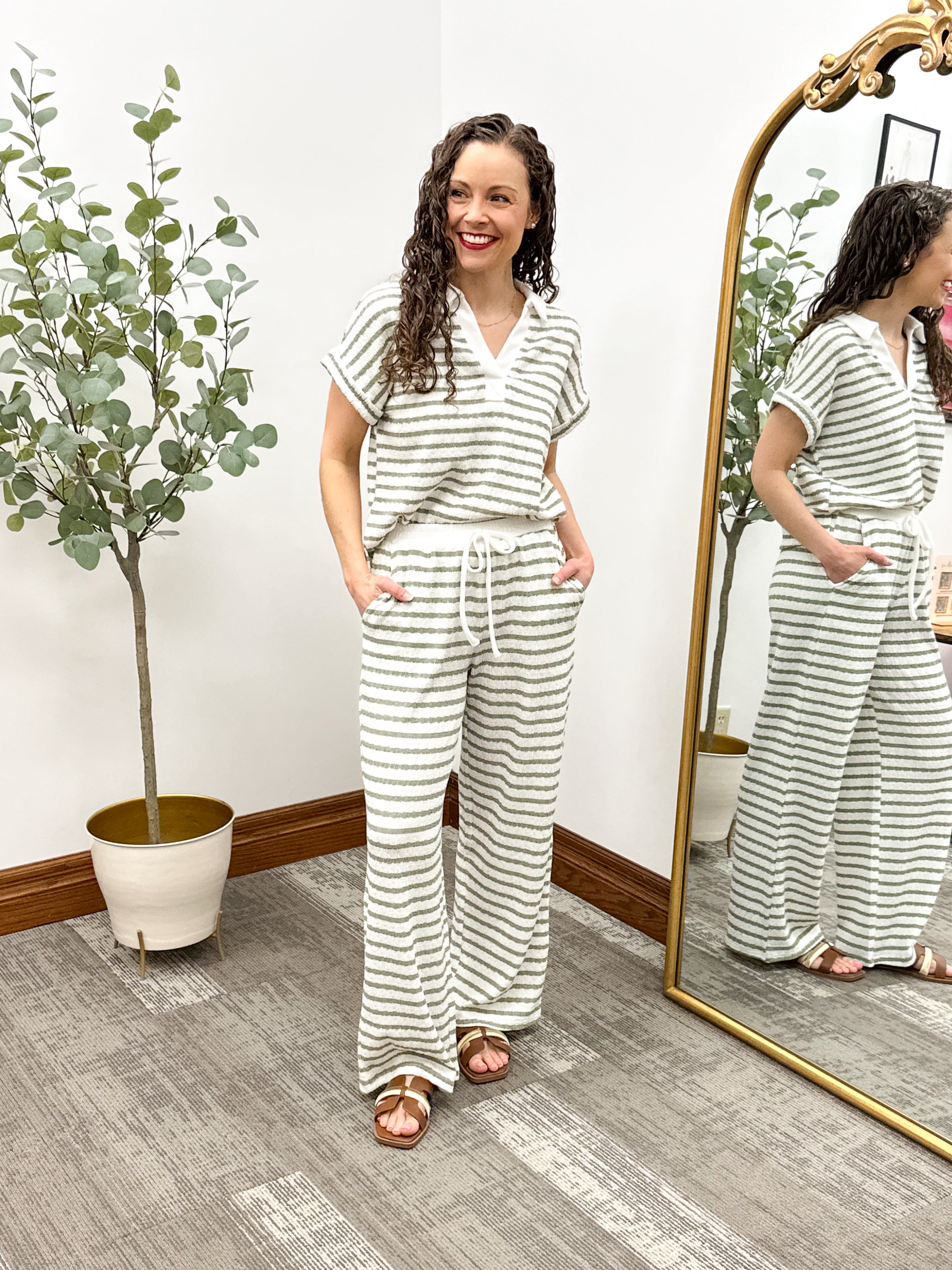 Olive Textured Striped Short Sleeve Top