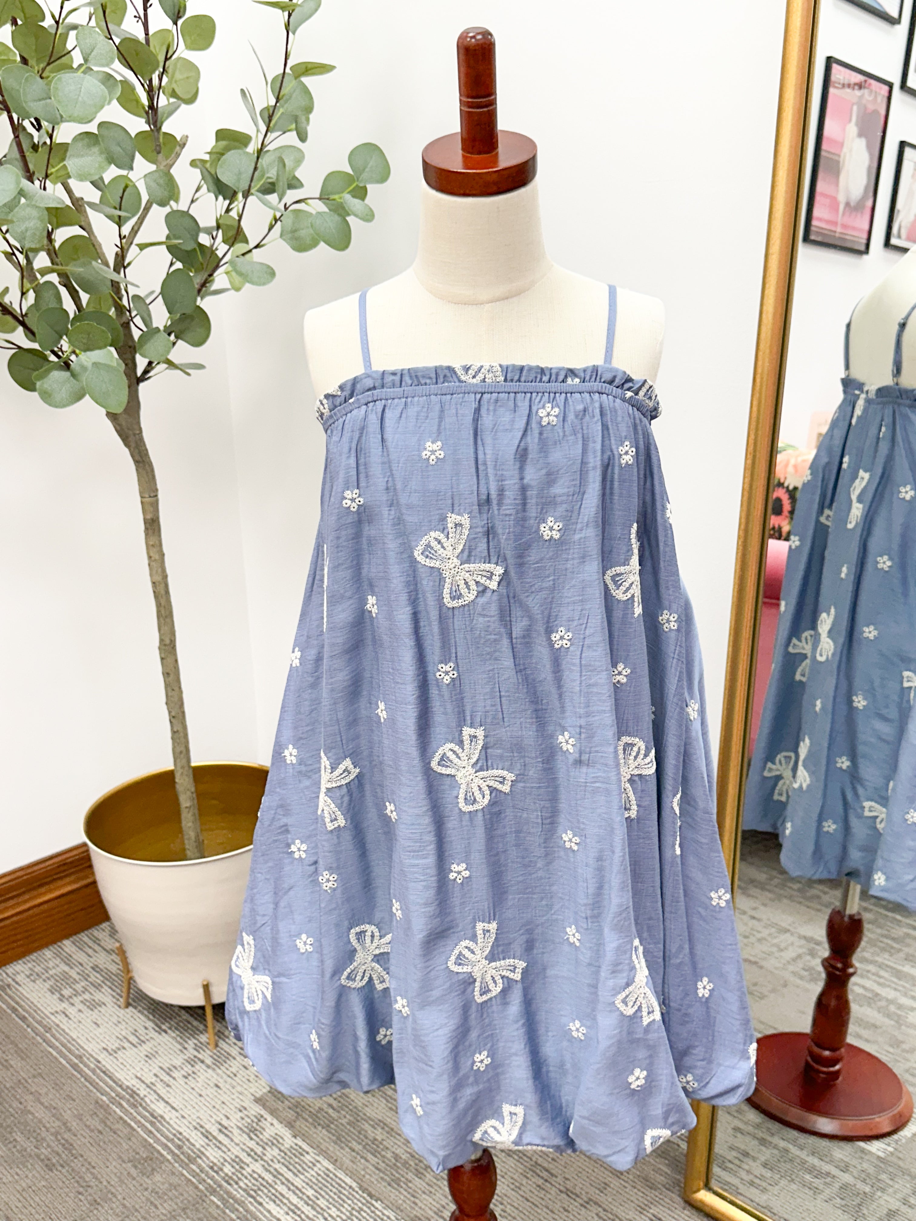 Girls Blue Bow Embroidered Dress