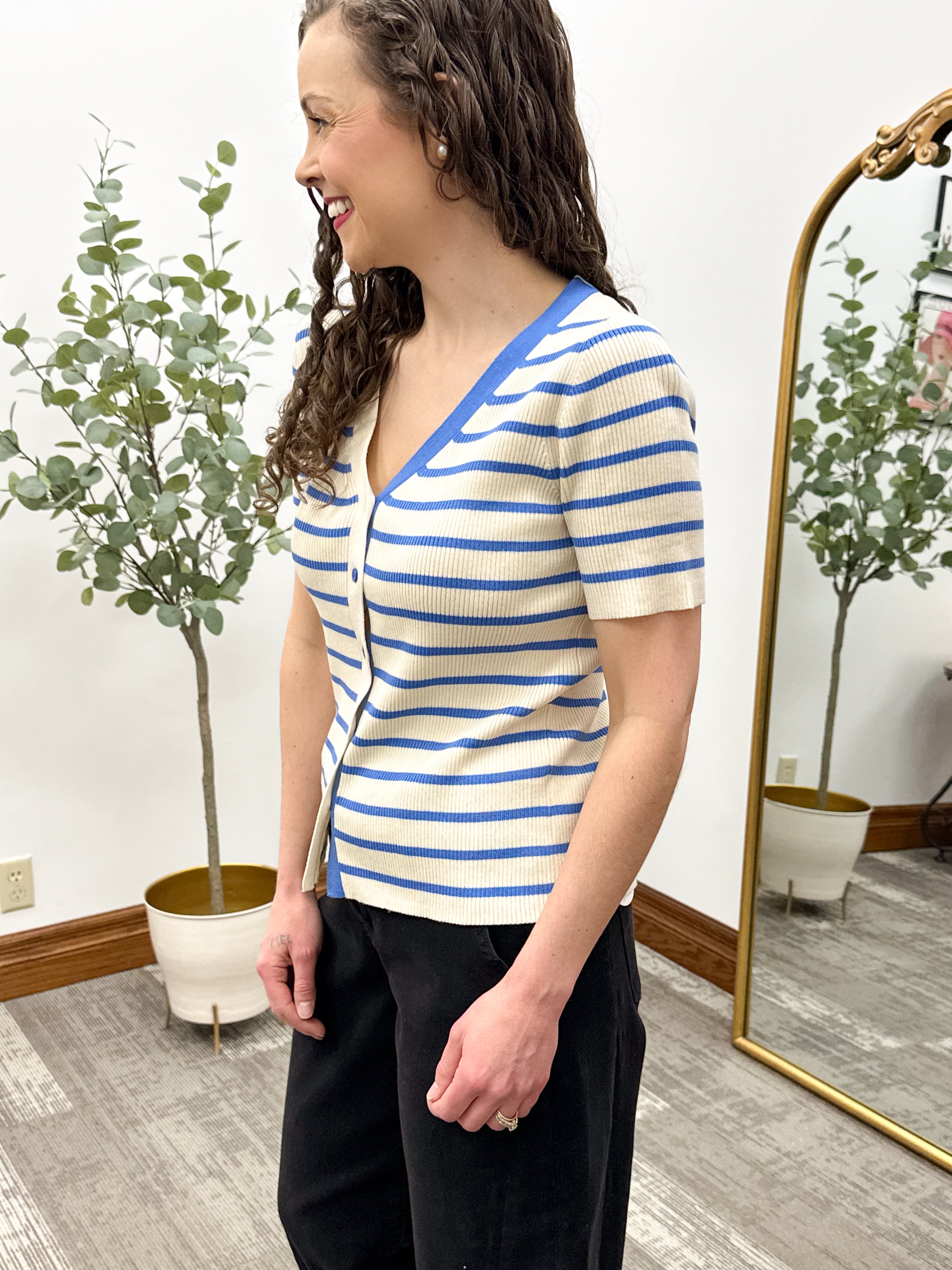 Blue & Cream Striped Short Sleeve Cardigan